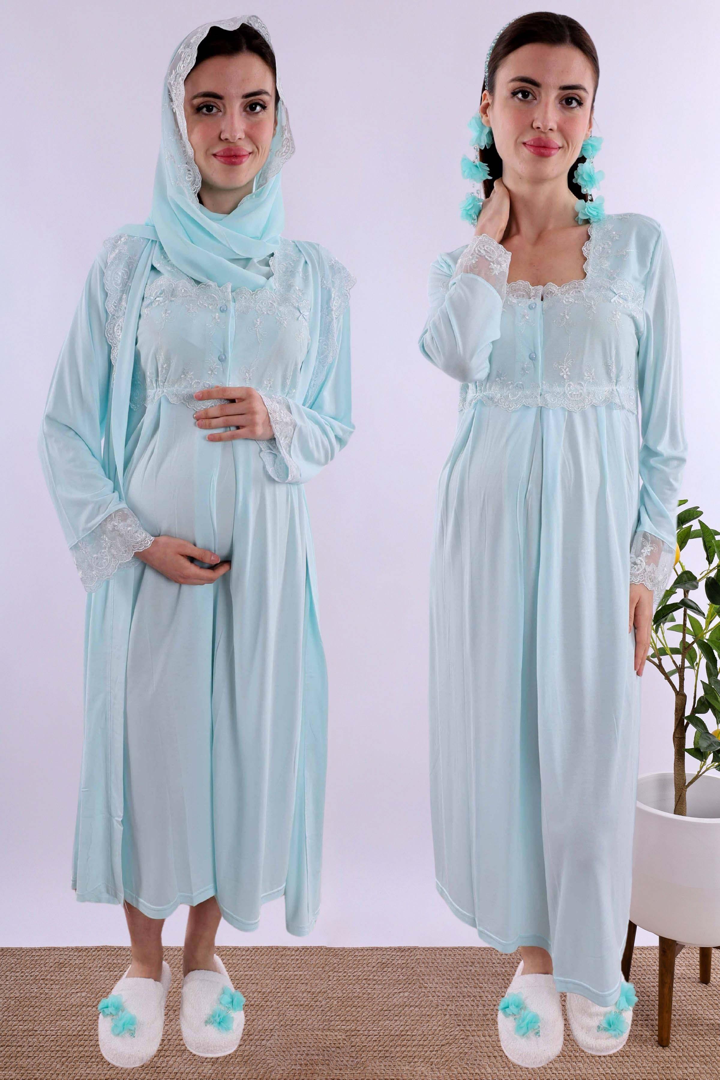 Effortt Turkuaz Tesettürlü Sabahlıklı Hamile Lohusa Gecelik Takım BYL2T24022