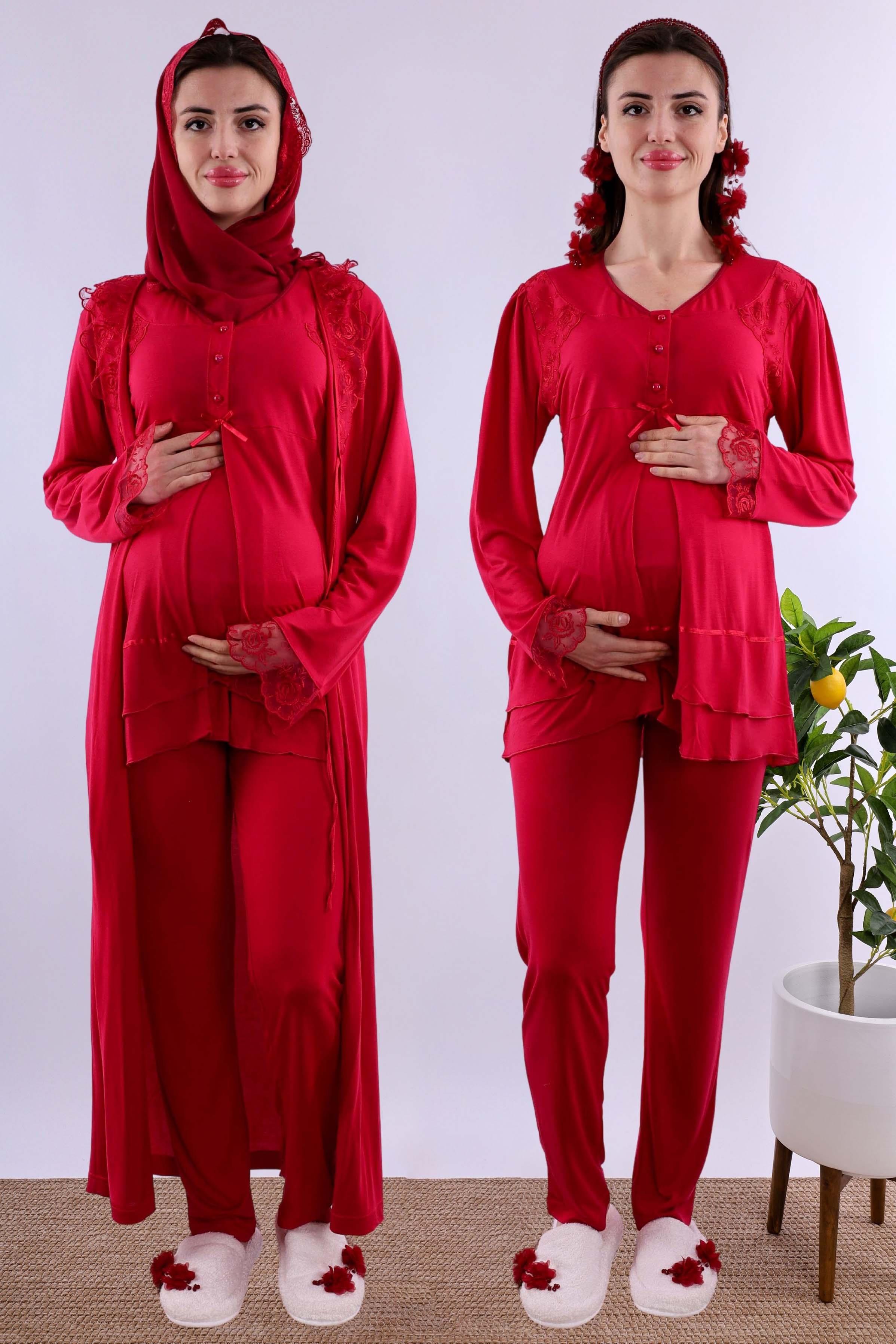 Effortt Vişne Tesettürlü Sabahlıklı Hamile Lohusa Pijama Takımı BYL2T24242