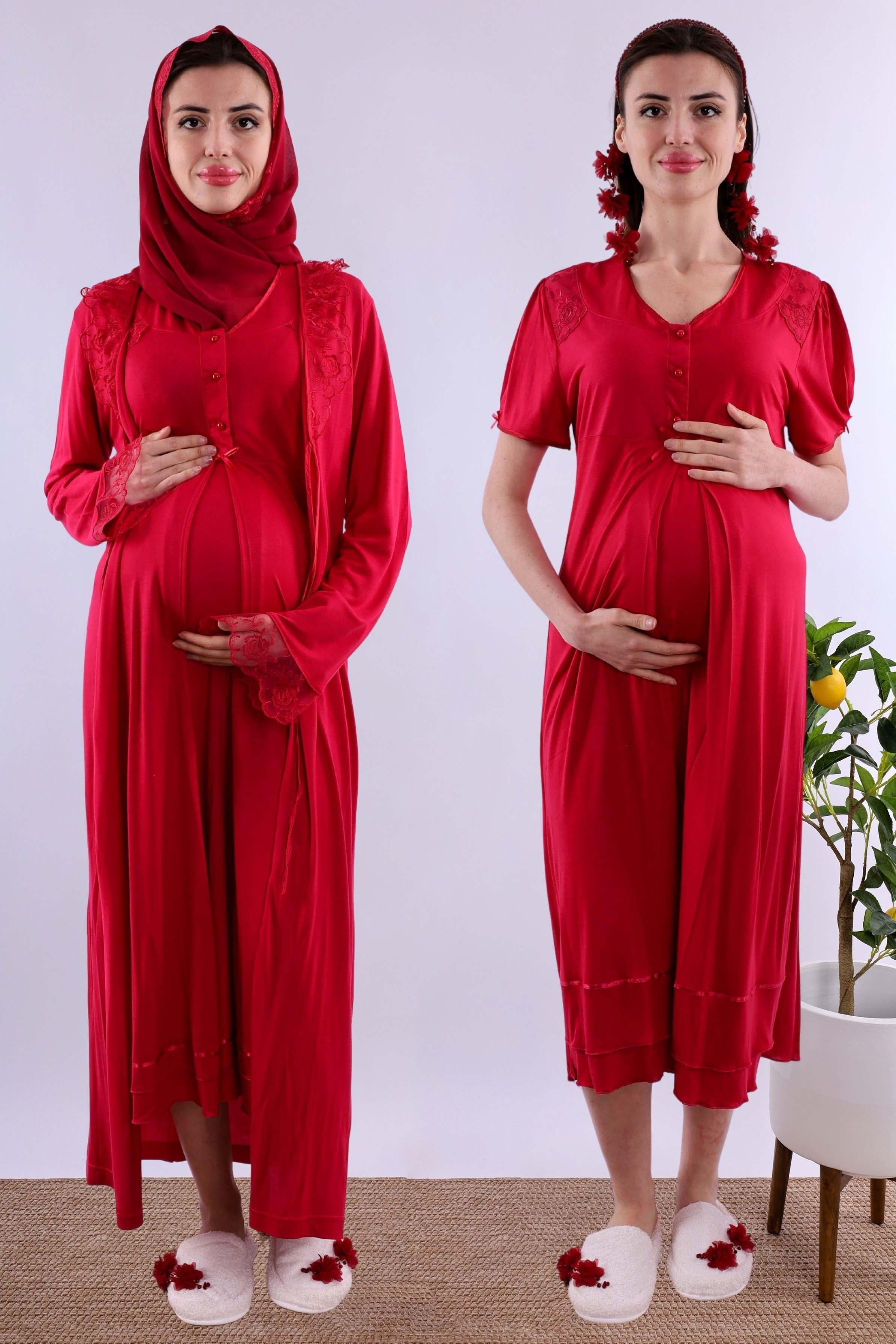 Effortt Vişne Tesettürlü Sabahlıklı Hamile Lohusa Gecelik Takım BYL2T80252