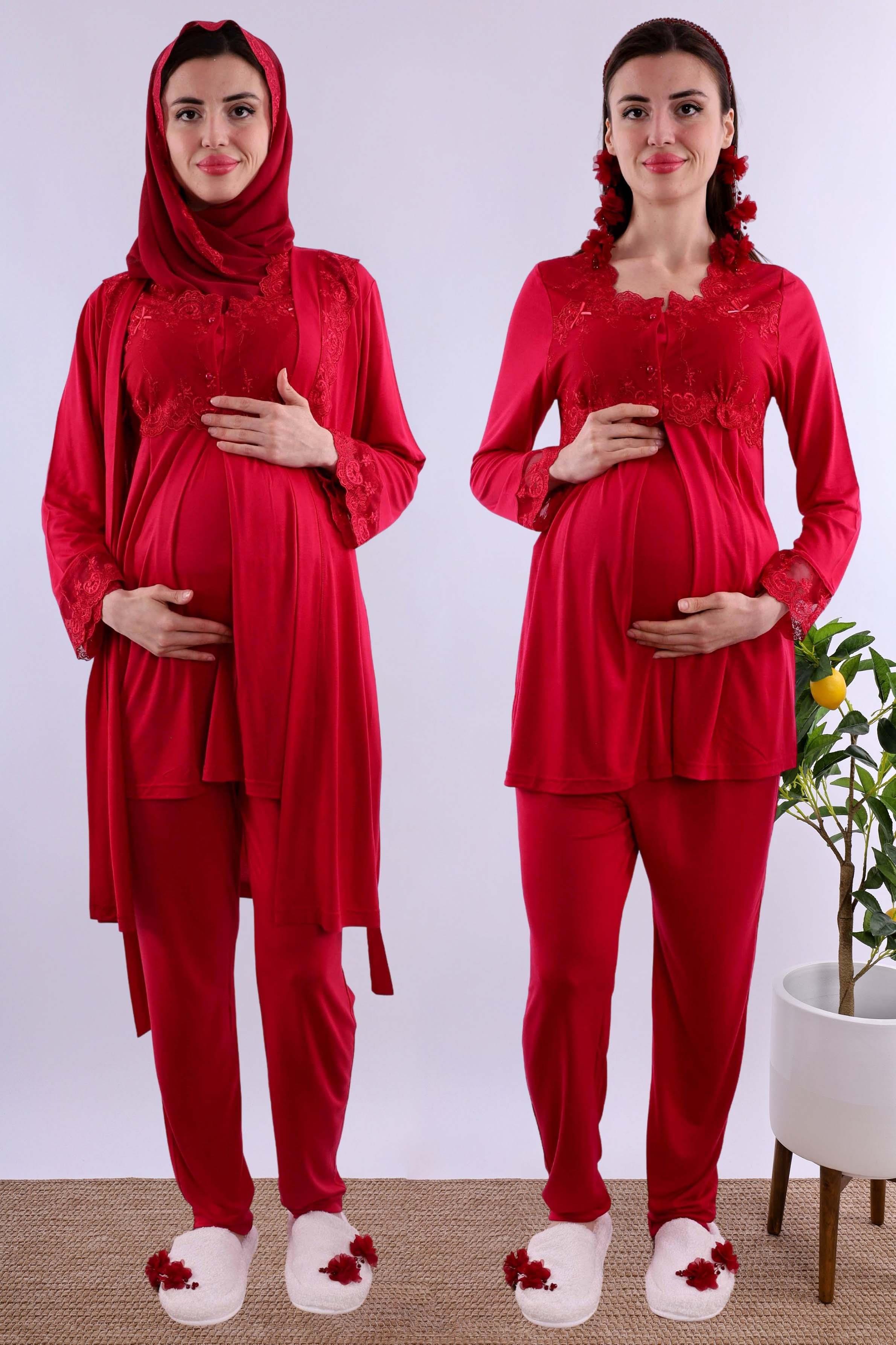 Effortt Vişne Tesettürlü Sabahlıklı Hamile Lohusa Pijama Takımı BYL2T24012