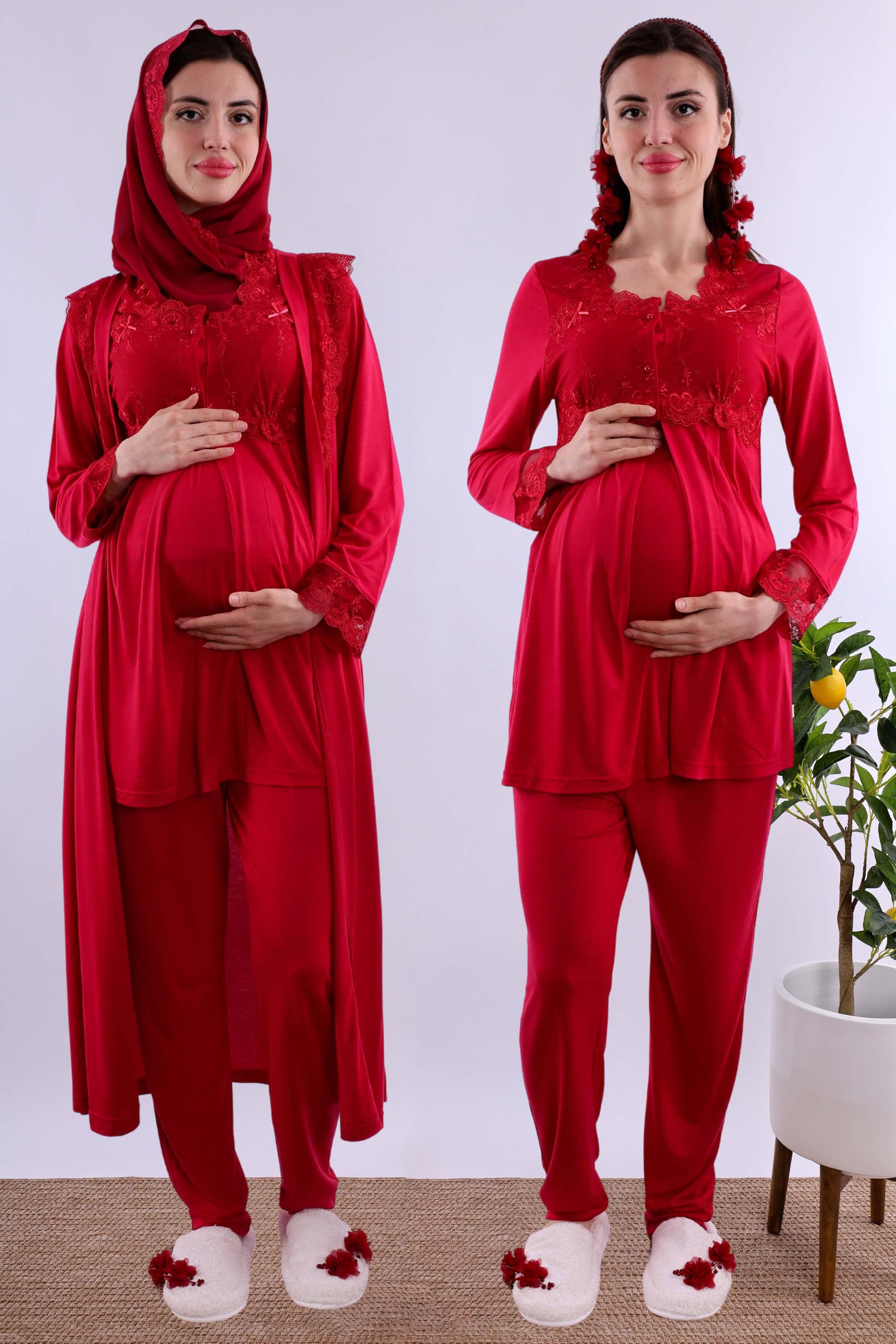 Effortt Vişne Tesettürlü Uzun Sabahlıklı Hamile Lohusa Pijama Takımı BYL2T24072