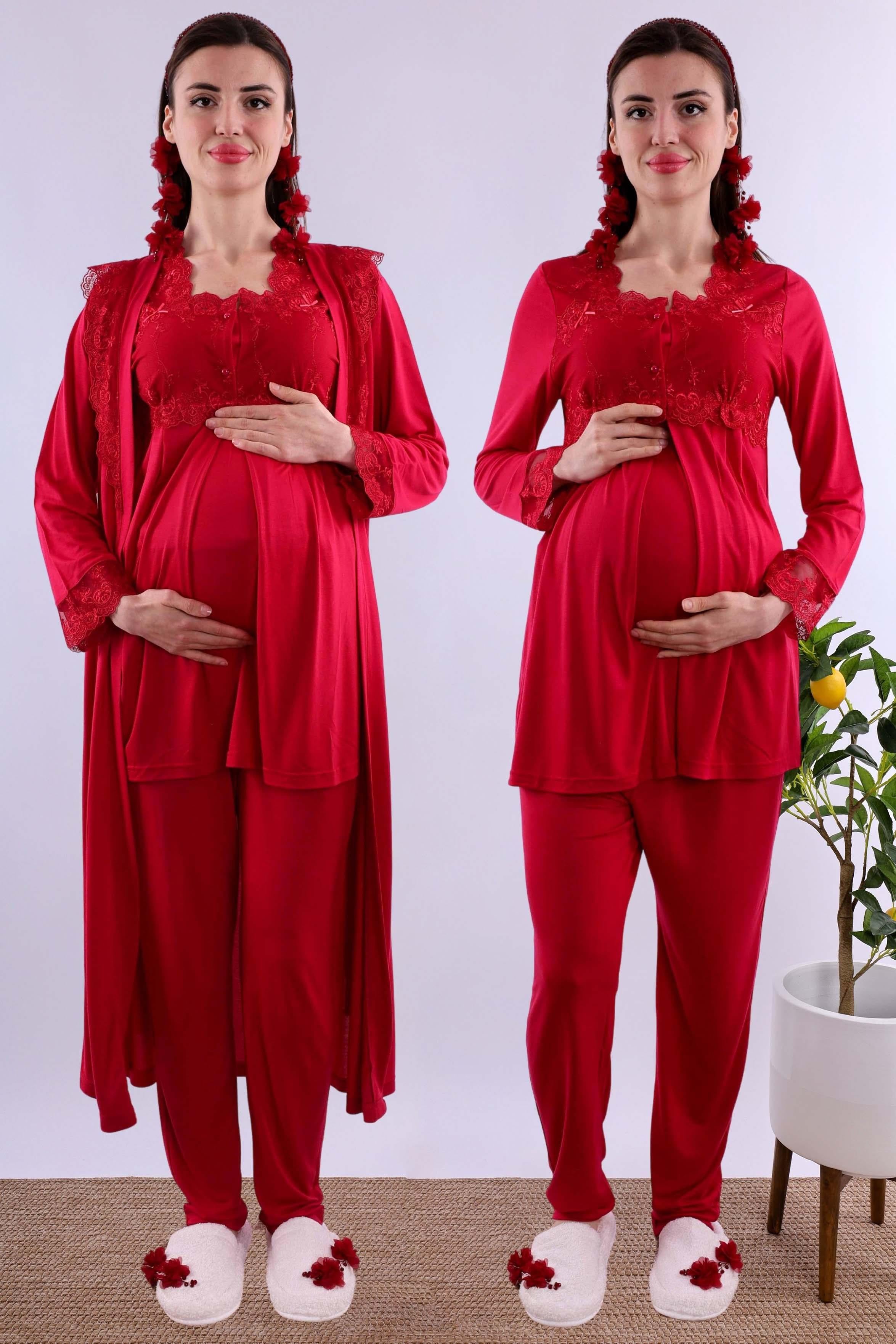 Effortt Vişne Uzun Sabahlıklı Hamile Lohusa Pijama Takımı BYL224072