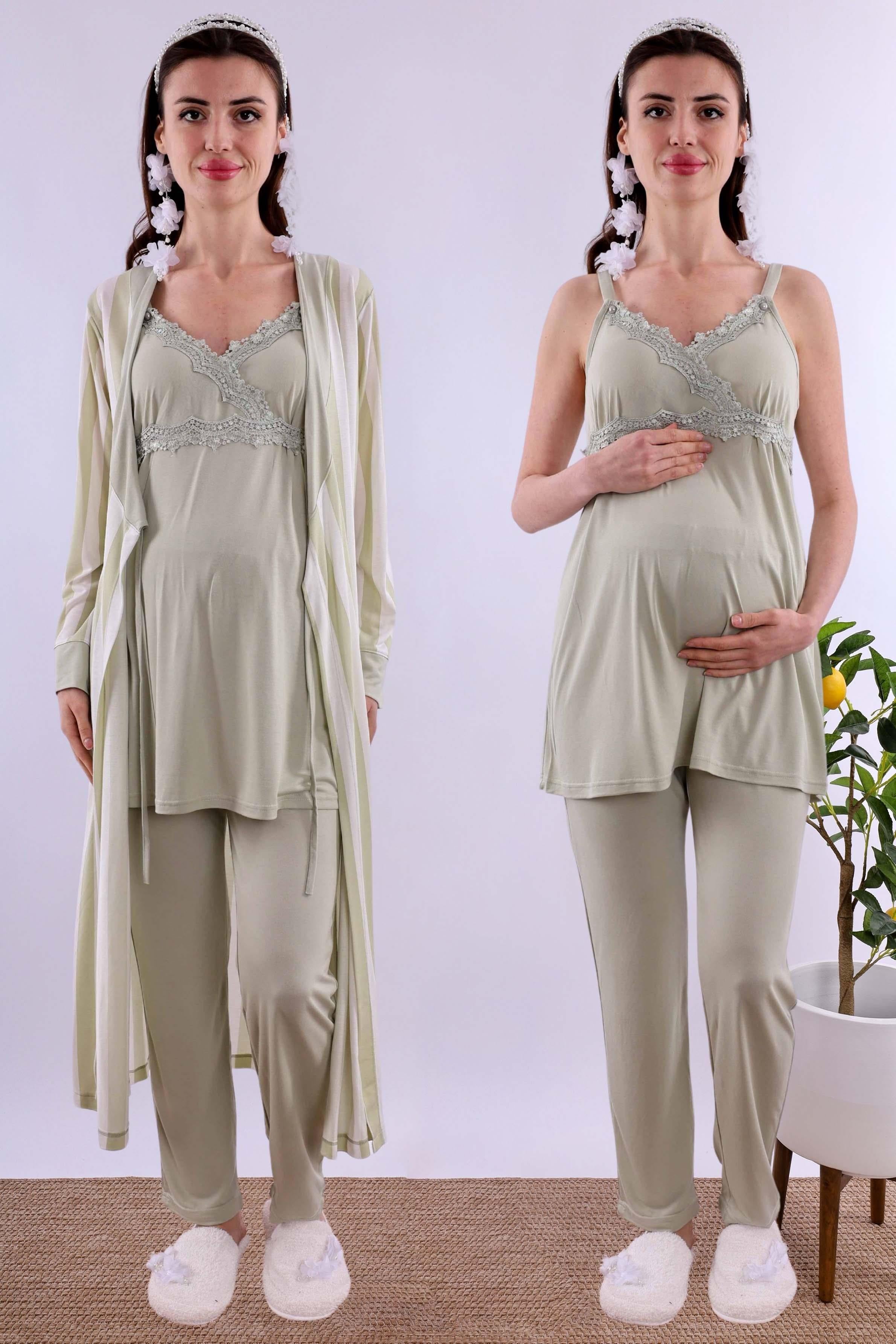 Effortt Yeşil Sabahlıklı Hamile Lohusa Pijama Takımı BYL290342