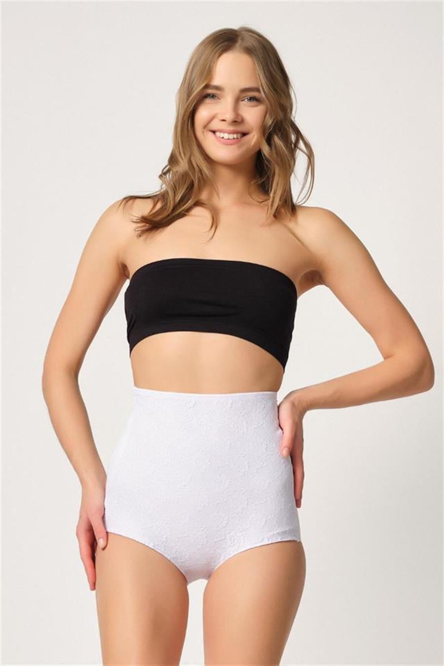Emay 2842 Beyaz Yüksek Bel Dantellı Slip Lazer Korse