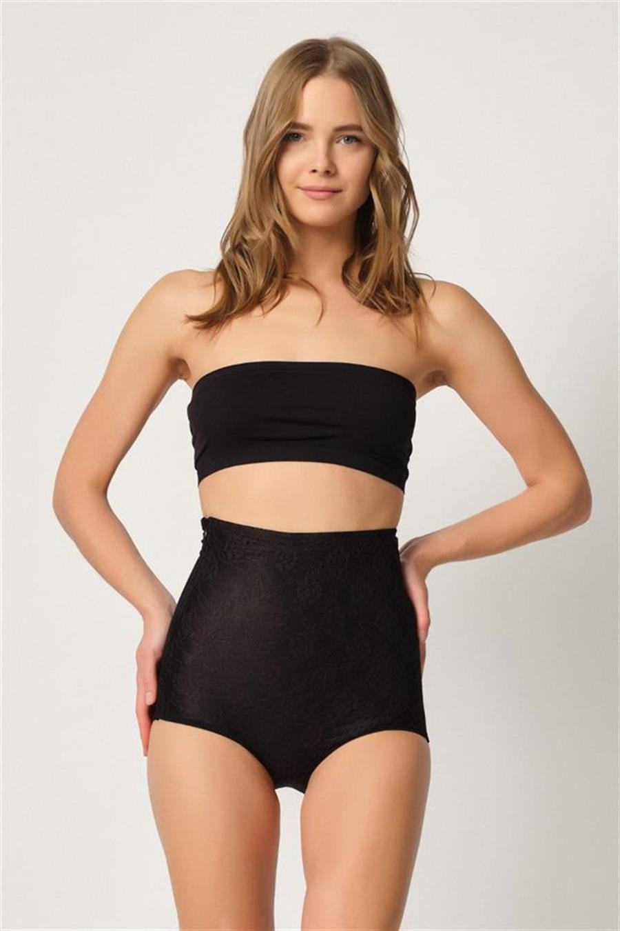 Emay 2842 Siyah Yüksek Bel Dantellı Slip Lazer Korse