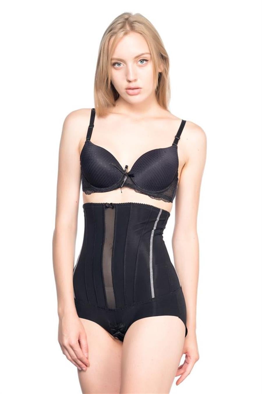 Emay 2886 Siyah Yüksek Bel Tül Slip Lazer Korse