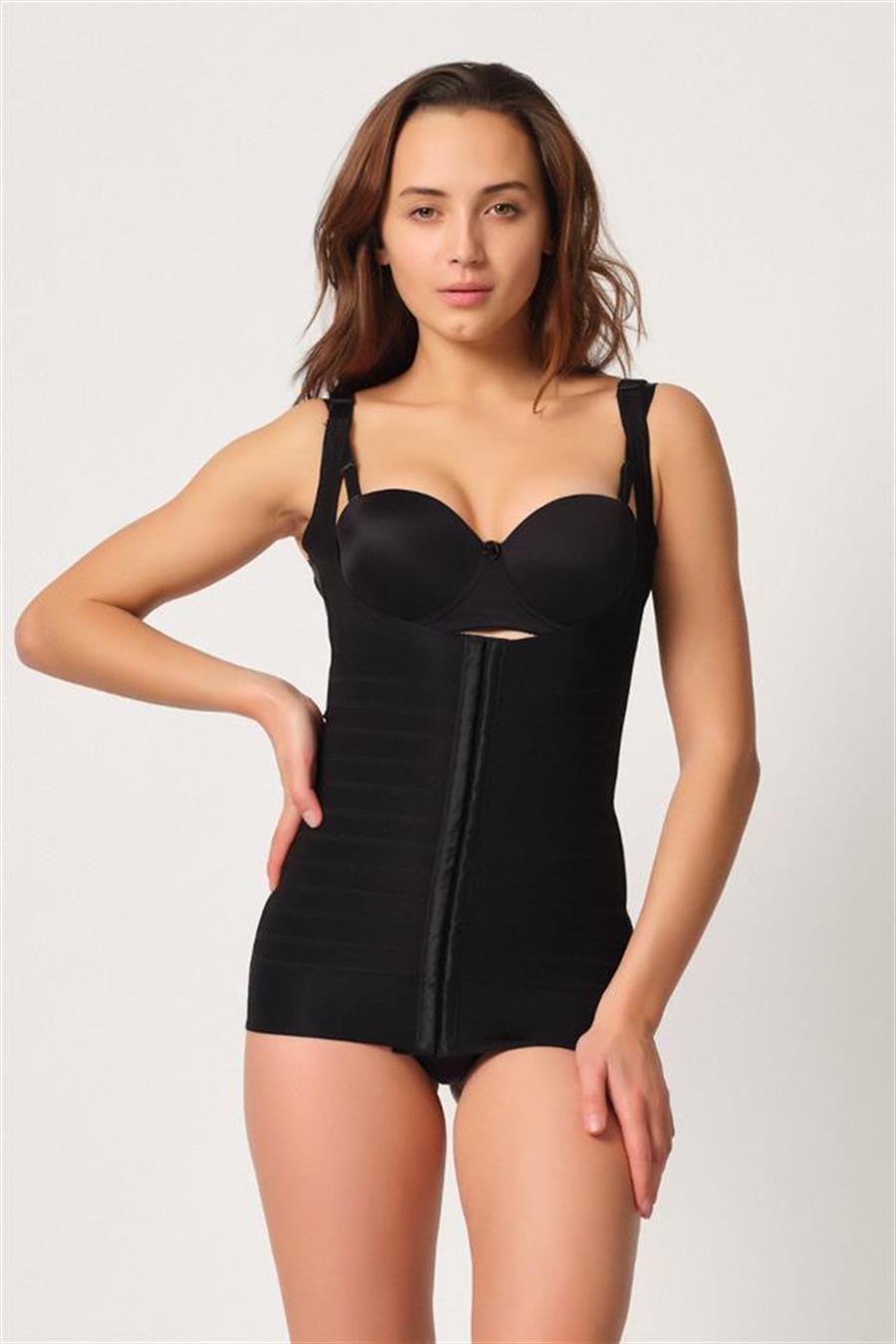 Emay 2916 Siyah Göğsü Açık Agraflı Karyoka Destekli Atlet Lazer Korse