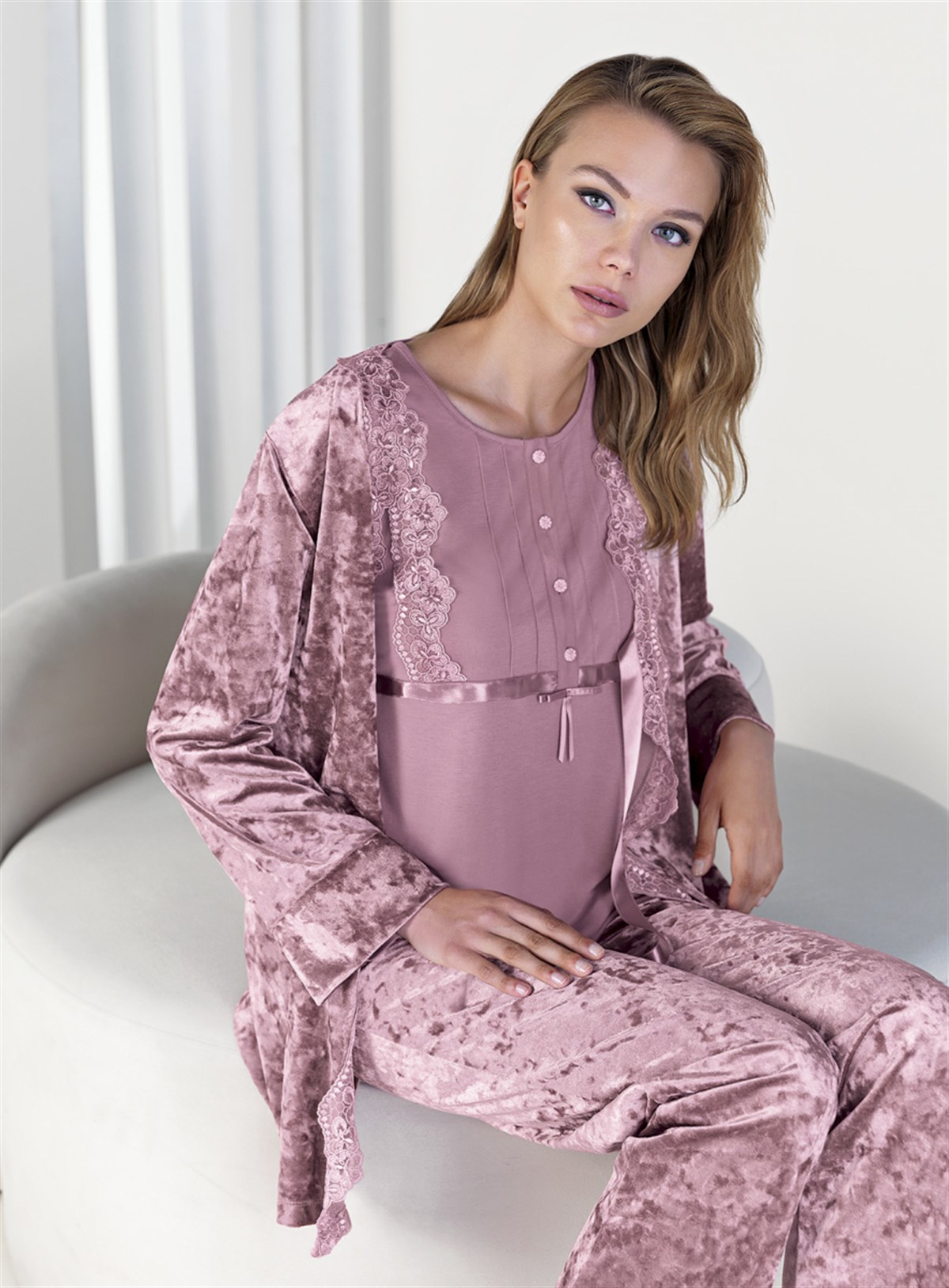 Artış 5309 Kadife 3'lü Sabahlık Pijama Takımı