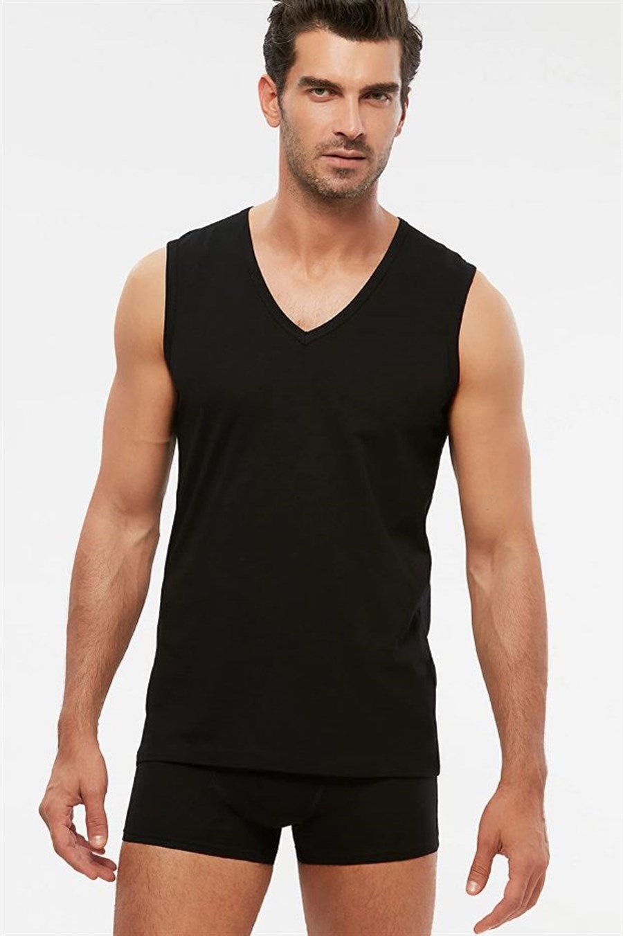 Kom Barry 2'li Siyah V Yakalı Pamuk Erkek Atlet