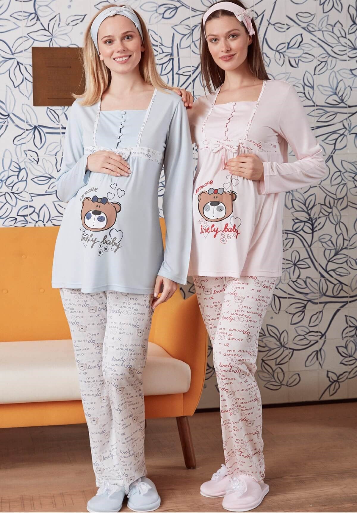Mecit 5016 Uzun Kol Ayıcık Desenli Lohusa Pijama Takımı
