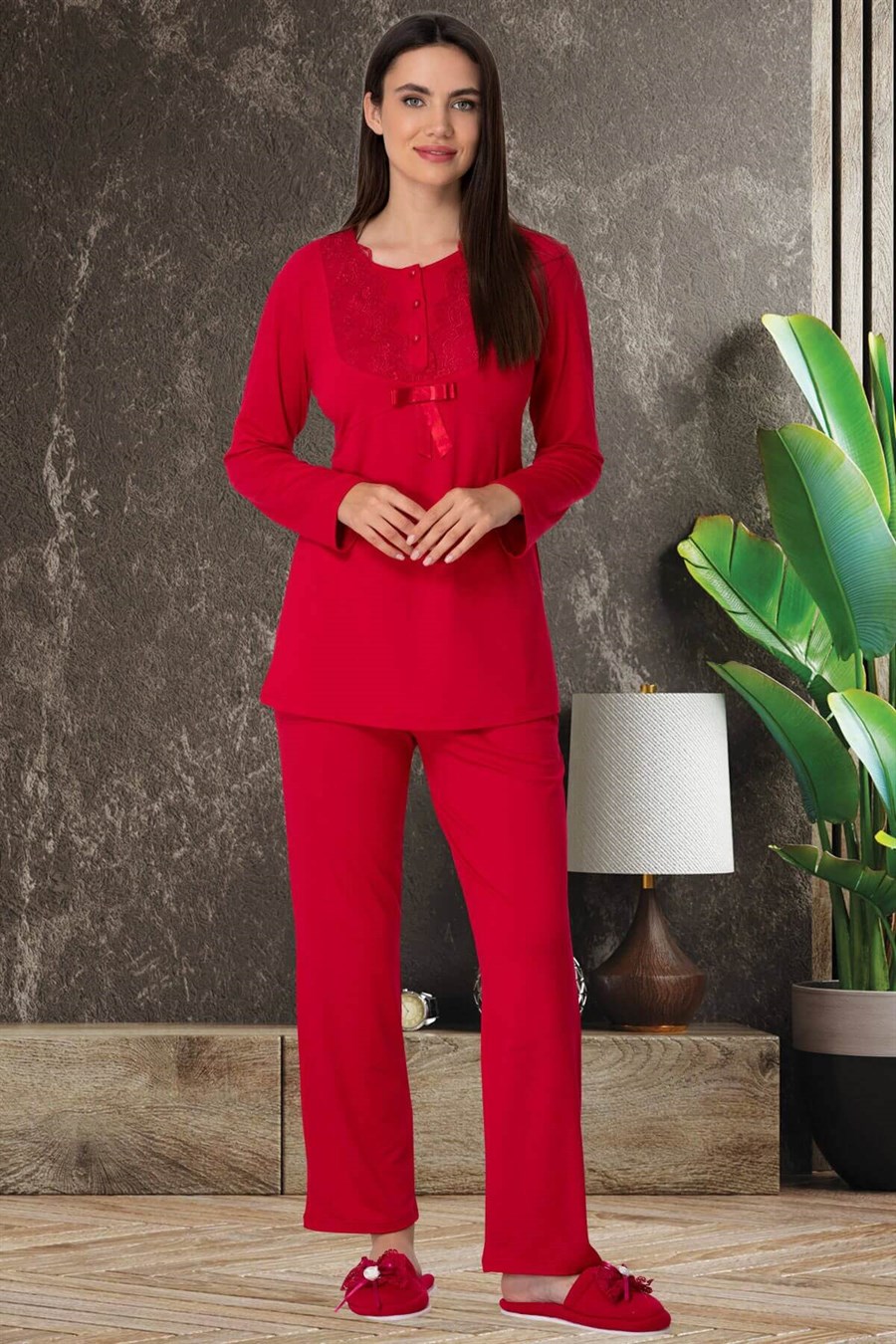 Şık Mecit 5546 Kırmızı Dantelli Lohusa Pijama Takımı