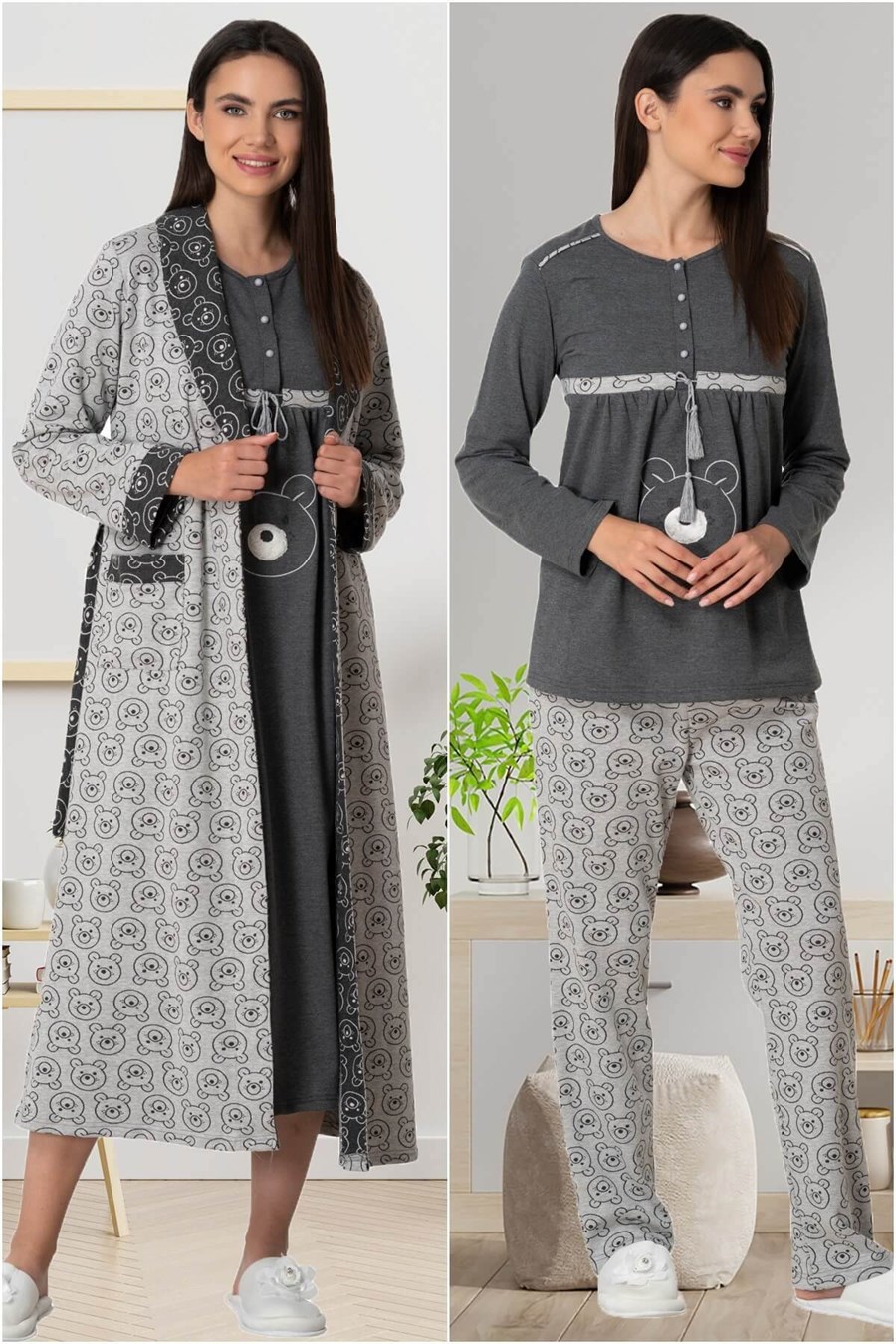 Mecit 5553 Gri Dört Parça Hamile Lohusa Set