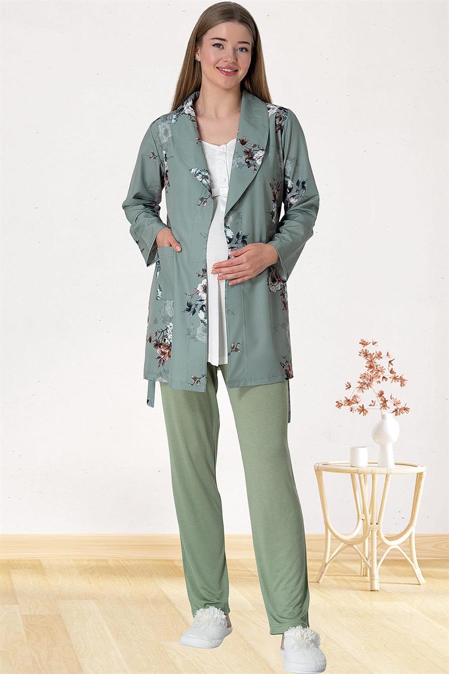 Mecit 5804 Yeşil Sabahlıklı Hamile Lohusa Pijama Takımı