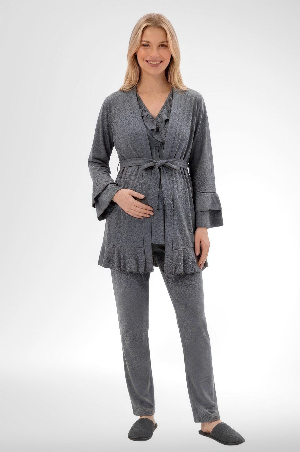 Mecit 6403 Füme Emzirme Özellikli Sabahlıklı Hamile Lohusa Pijama Takımı