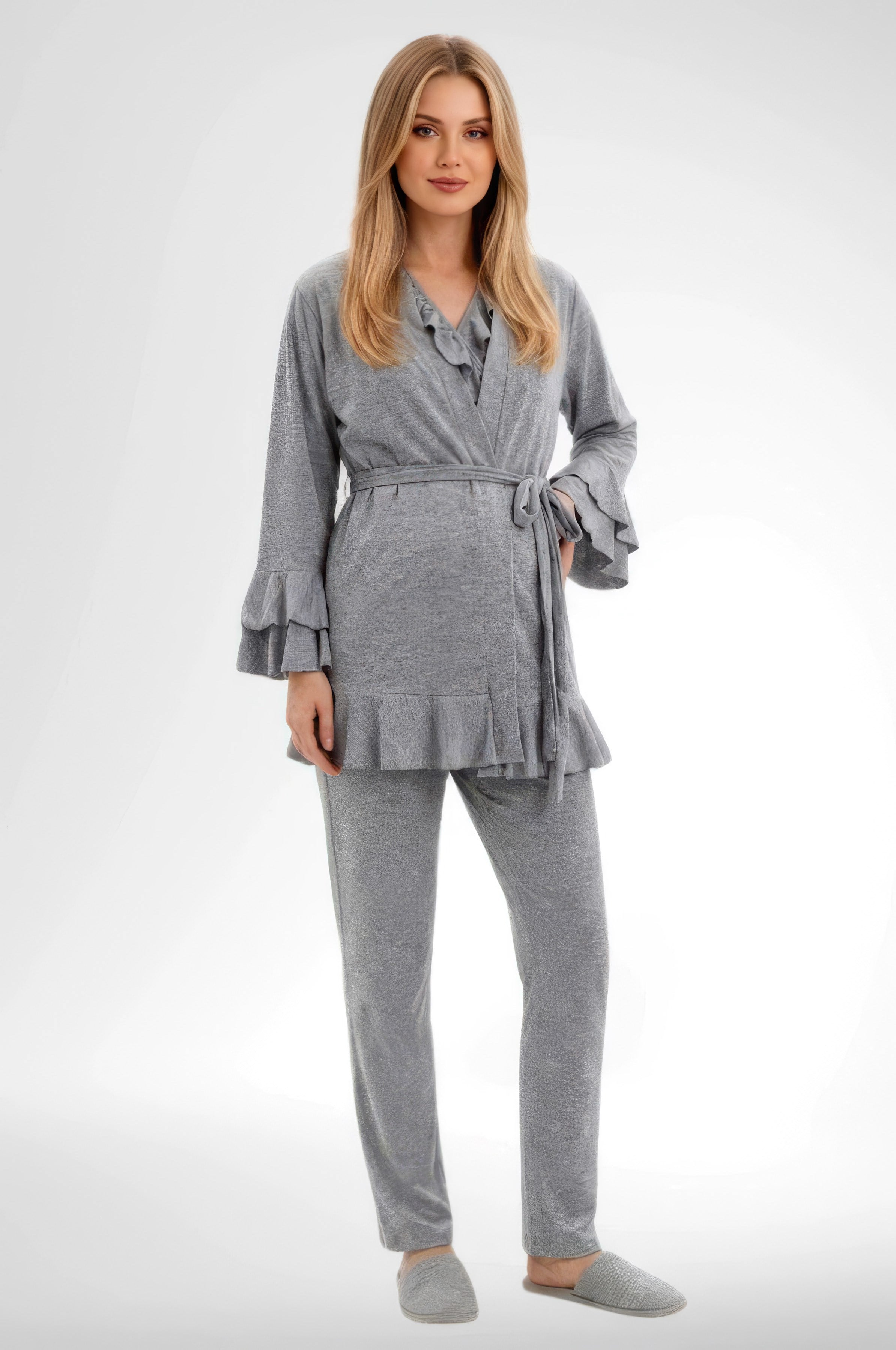 Mecit 6403 Gri Emzirme Özellikli Sabahlıklı Hamile Lohusa Pijama Takımı