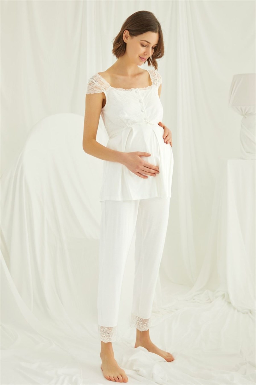 Monamise 18303 Ekru Dantelli Önü Düğmeli Hamile Lohusa Pijama Takımı