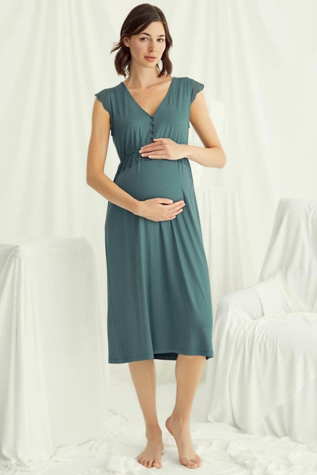 Monamise 18521 Yeşil Dantelli Hamile Lohusa Gecelik