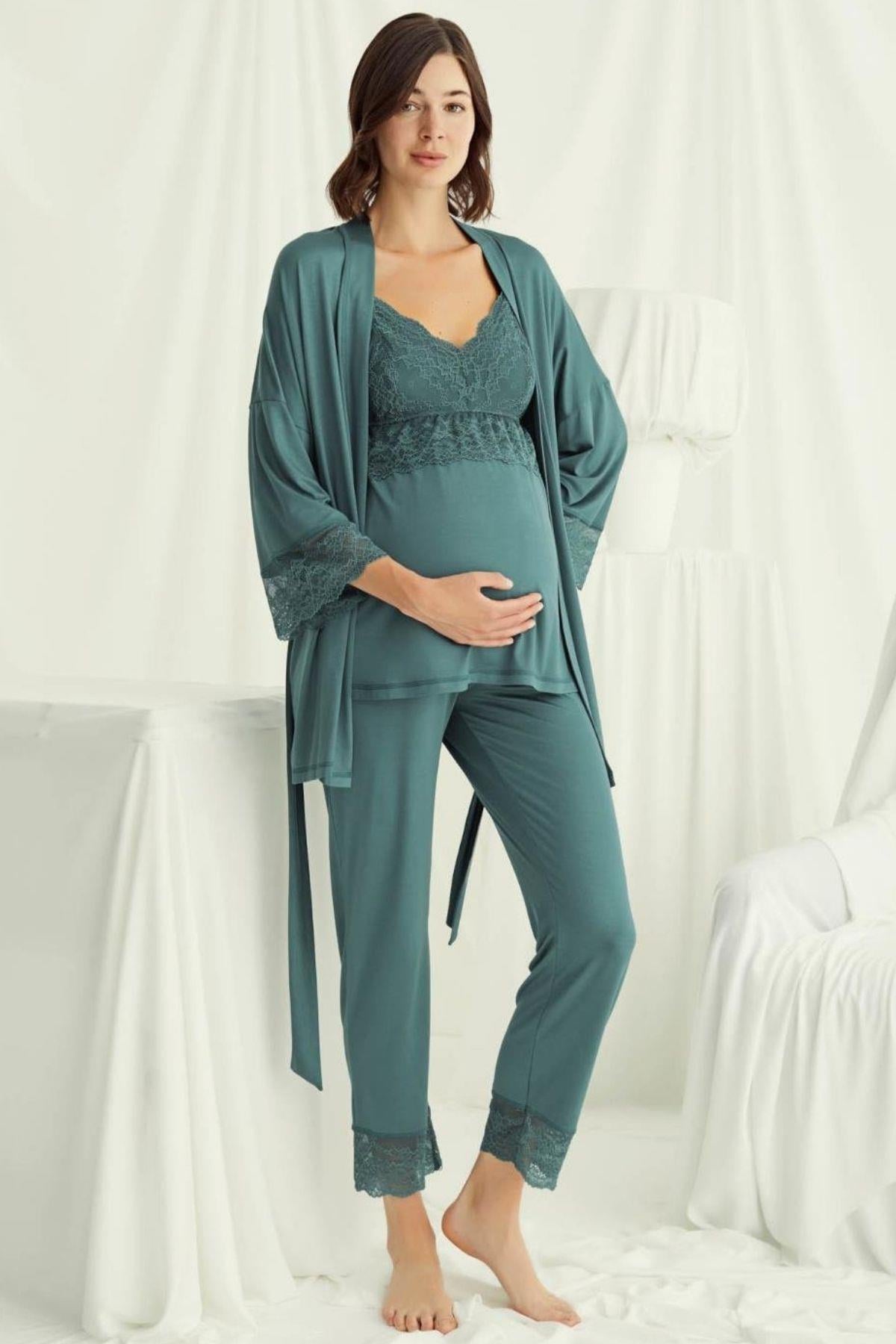 Monamise 18523 Yeşil Sabahlıklı Hamile Lohusa Pijama Takımı