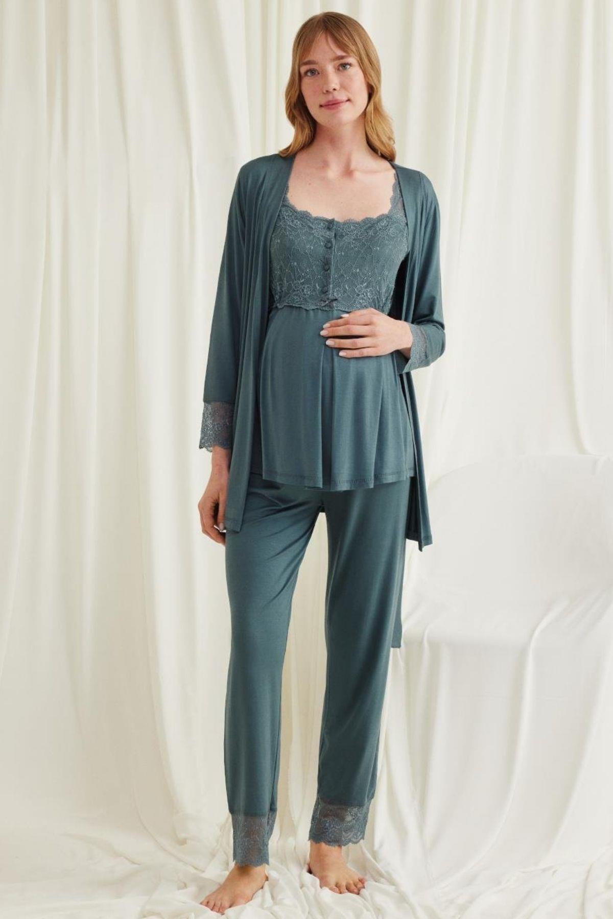 Monamise 18535 Yeşil Sabahlıklı Hamile Lohusa Pijama Takımı