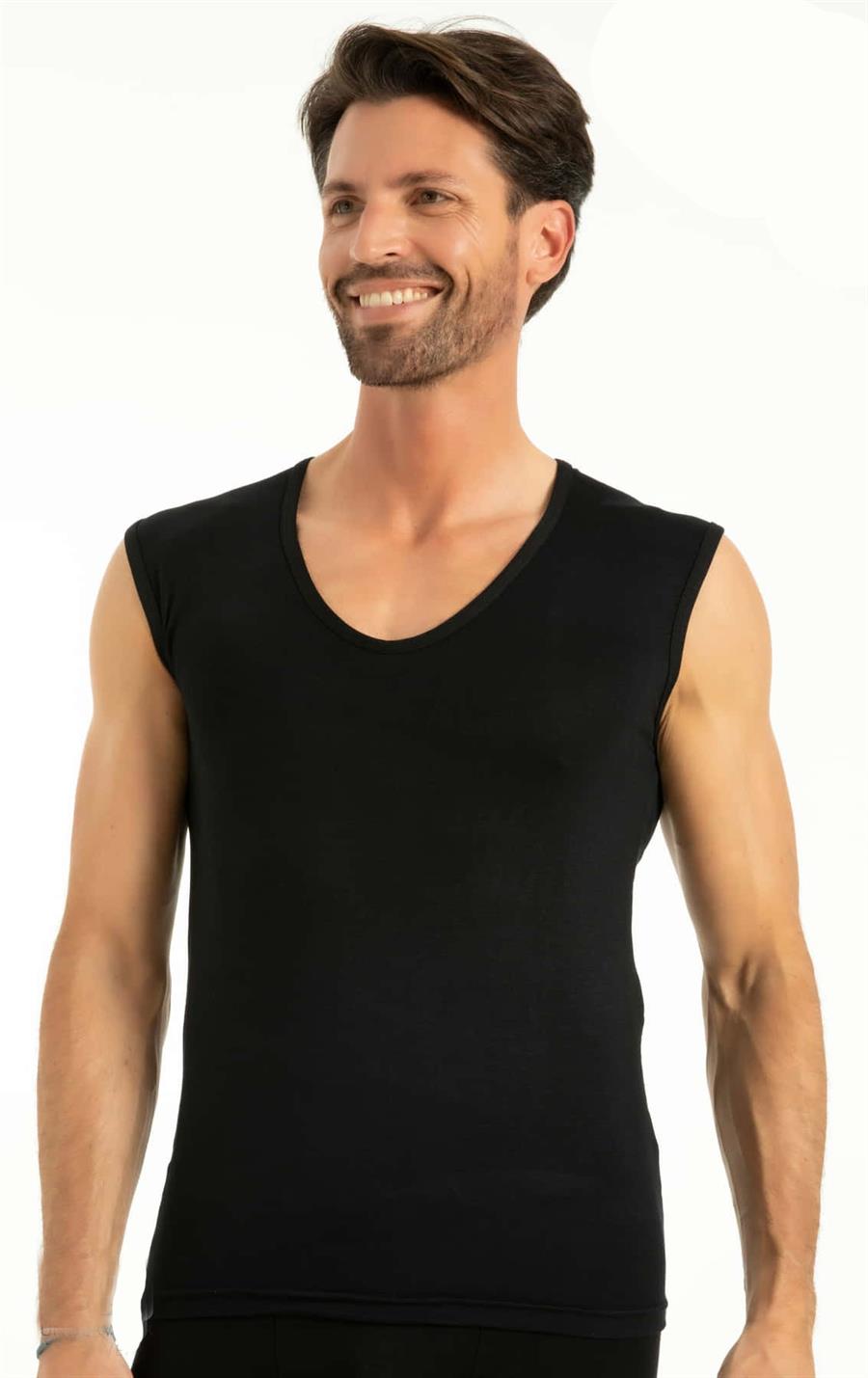 Q-En 601 Siyah Bambu Sıfır Kol V Yaka Atlet