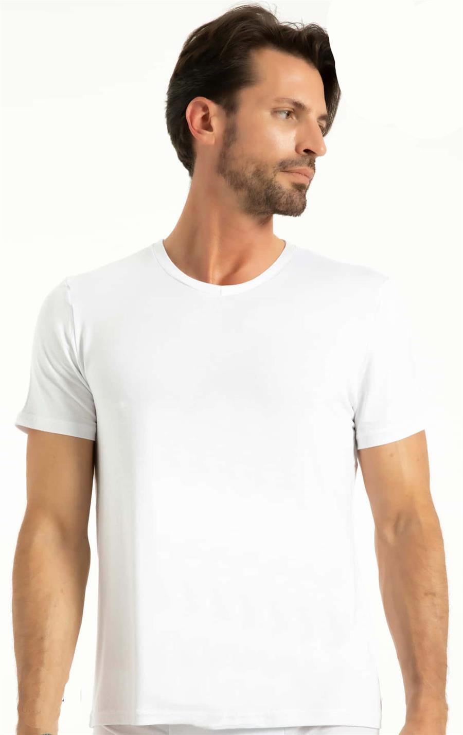 Q-En 603 Beyaz Bambu V Yaka Kısa Kol Fanila