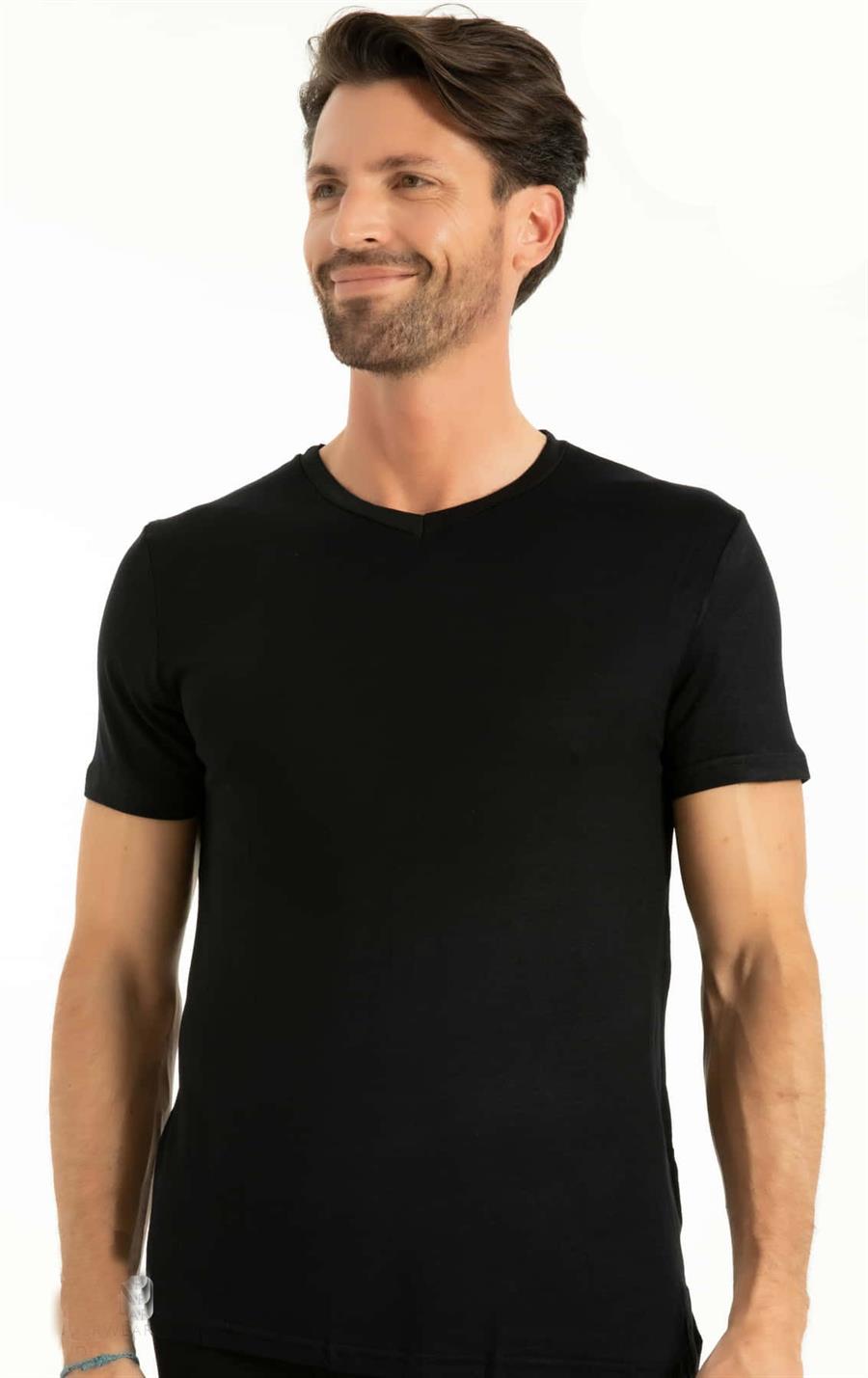 Q-En 603 Siyah Bambu V Yaka Kısa Kol Fanila