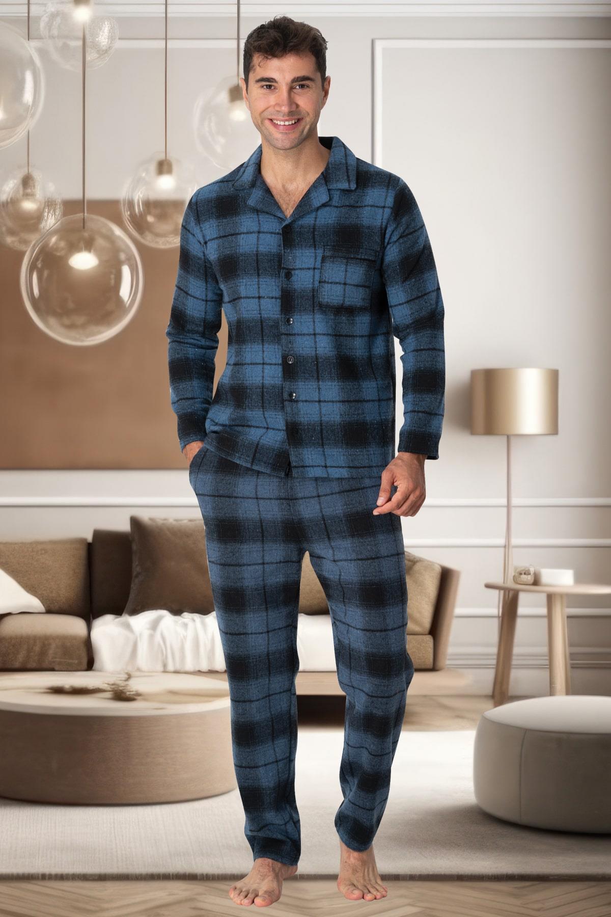 Şık Mecit 2797 İndigo Ekoseli Büyük Beden Erkek Pijama Takımı