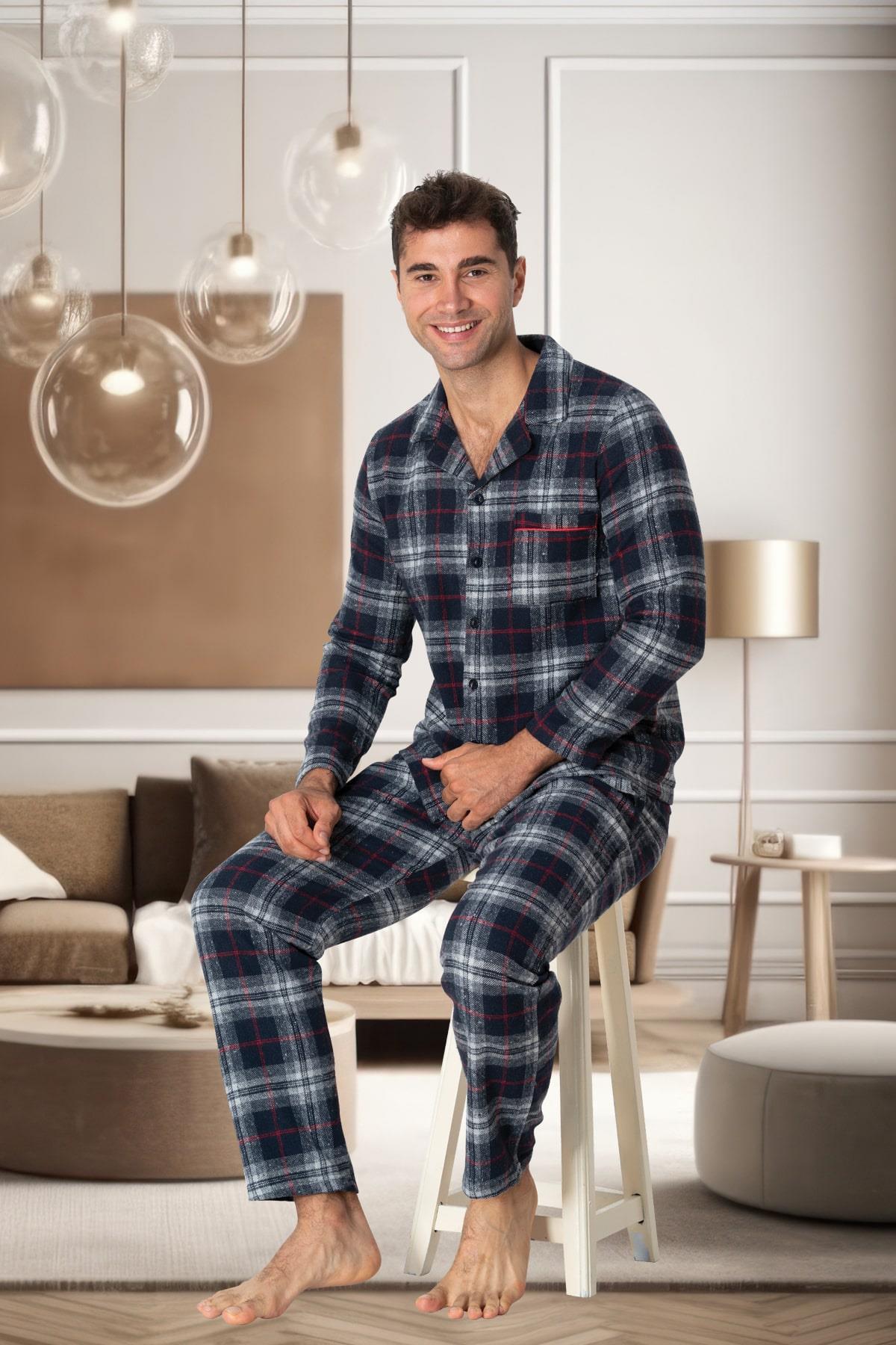 Şık Mecit 2797 Lacivert Ekoseli Büyük Beden Erkek Pijama Takımı
