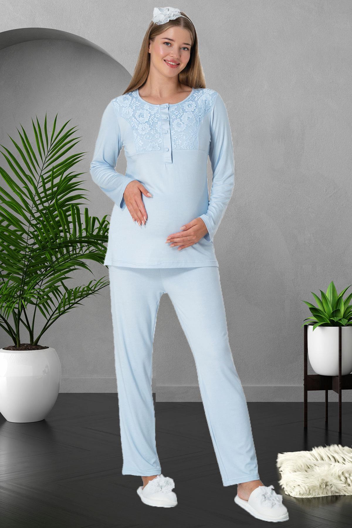 Şık Şık Mecit 5912 Mavi Dantel Pançolu Lohusa Pijama Takımı