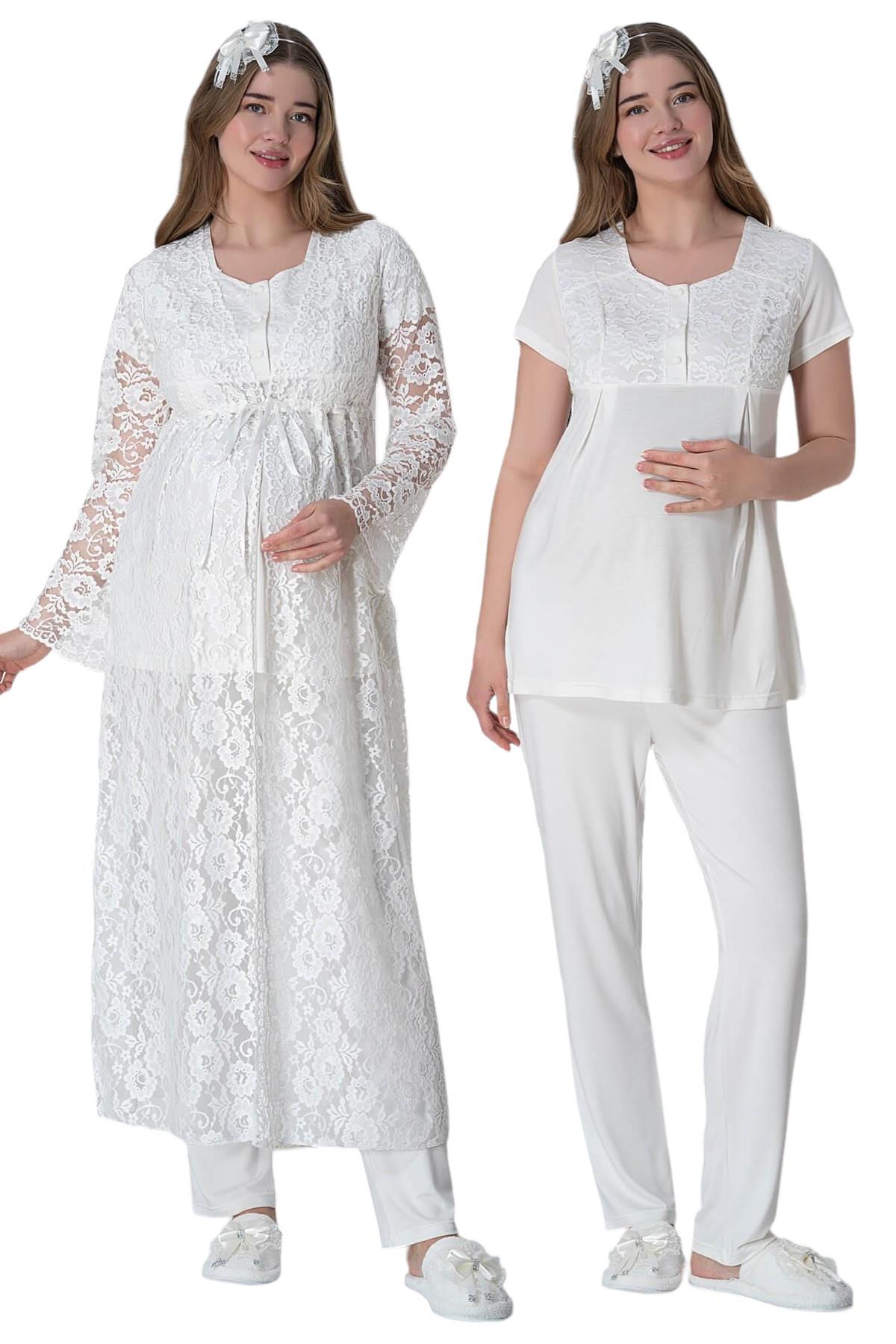 Şık Mecit 6000 Ekru Sabahlıklı Hamile Lohusa Pijama Takımı