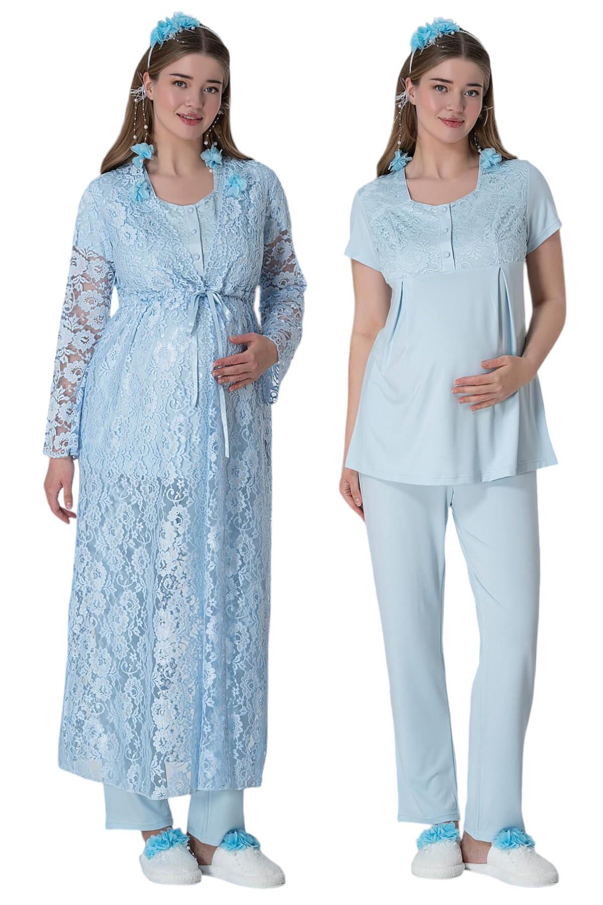 Şık Mecit 6000 Mavi Sabahlıklı Hamile Lohusa Pijama Takımı