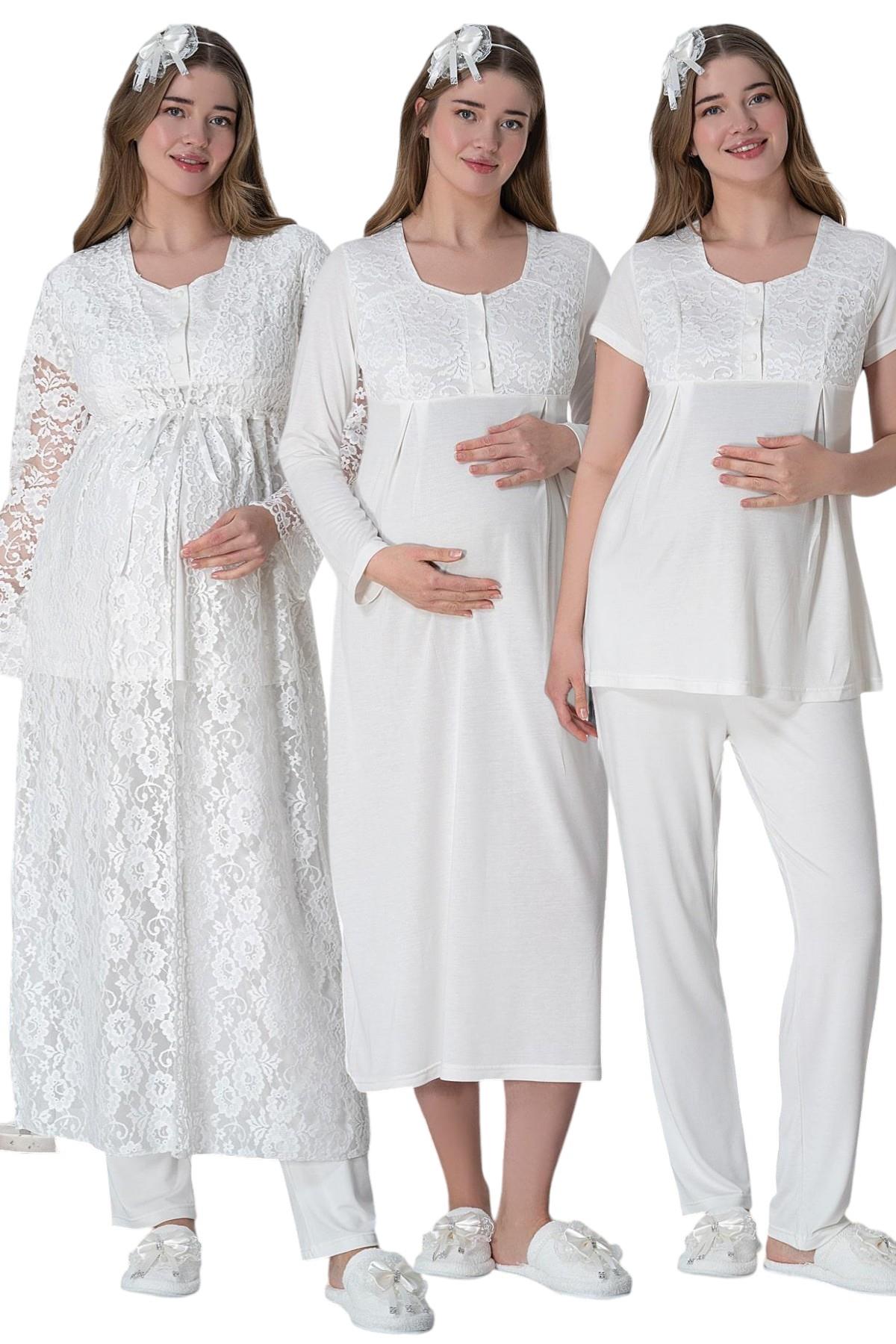 Şık Mecit 6060 Ekru Dantelli Hamile Lohusa Set