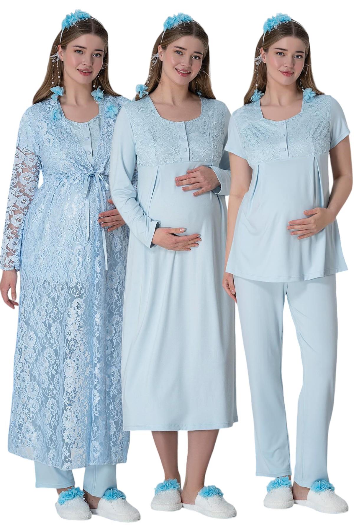 Şık Mecit 6060 Mavi Dantelli Hamile Lohusa Set