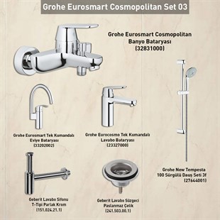 Grohe Eurosmart Cosmopolitan Armatür Set + Geberit T tipi Lavabo Sifonu
