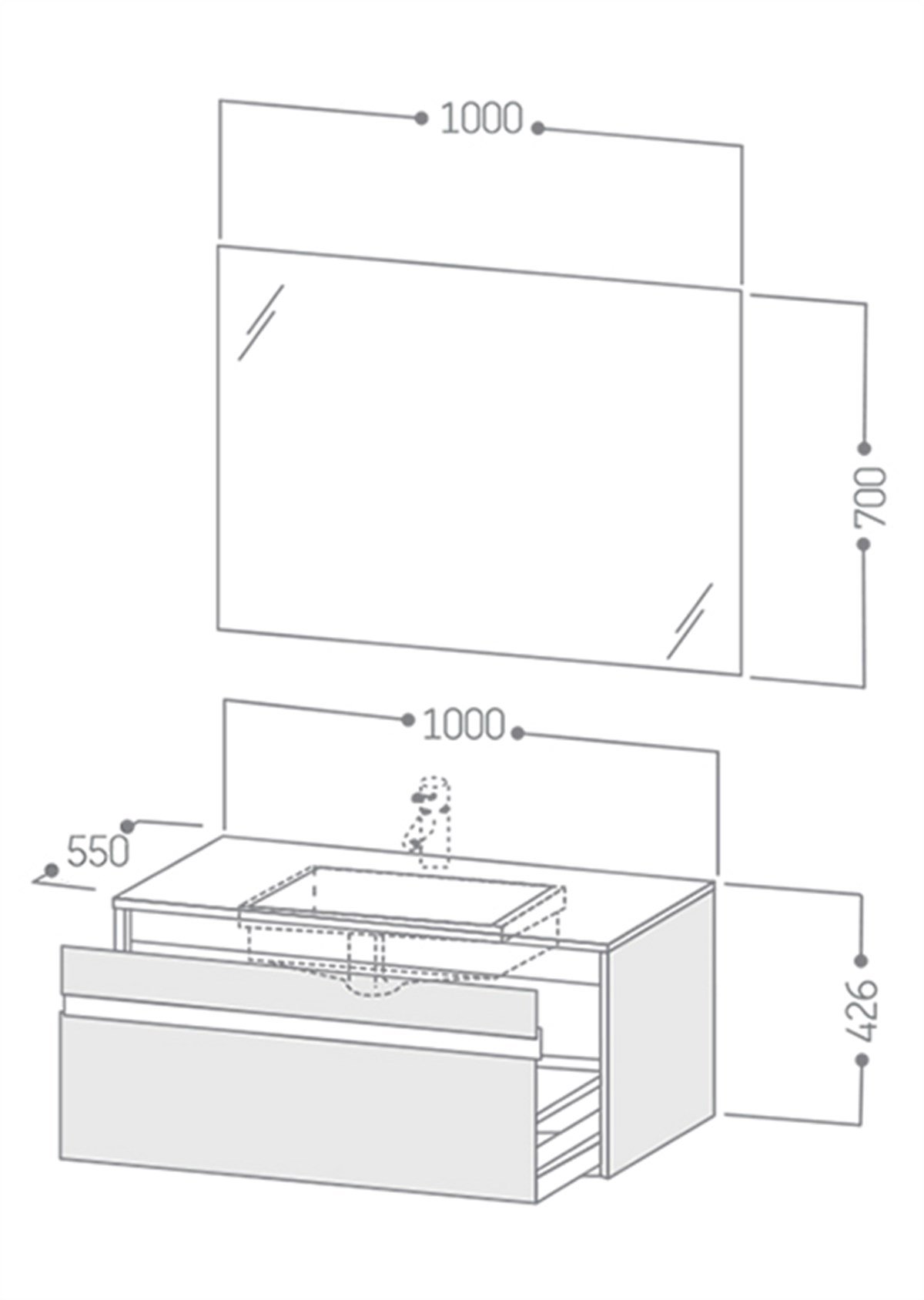 Duravit Ketho F-Bonded 100cm Tek Çekmeceli Dolap + Ayna + Lavabo + Batarya