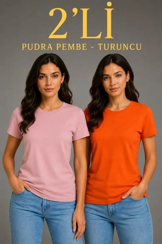 Basic Bisiklet Yaka Yazlık Slim Fit T-Shirt - Pudra Pembe - Turuncu
