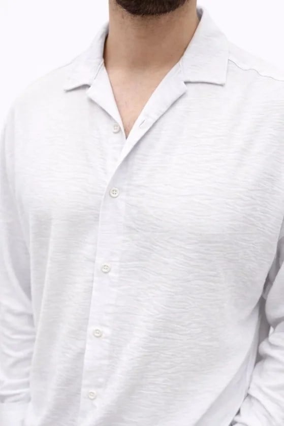 Erkek Aerobin Kumaş Oversize 4 Mevsim Uzun Kollu Rahat Kalıp Gömlek - Beyaz