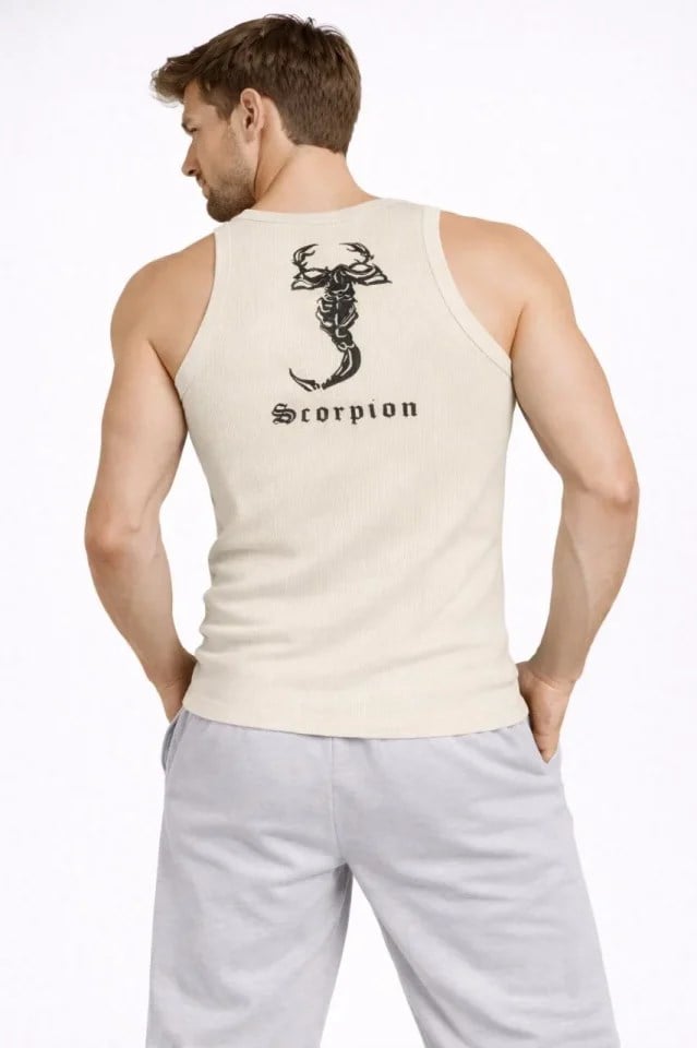 Erkek Fitilli Atlet Sıfır Yaka Slim Fit Arka Baskılı Spor Atlet - Krem