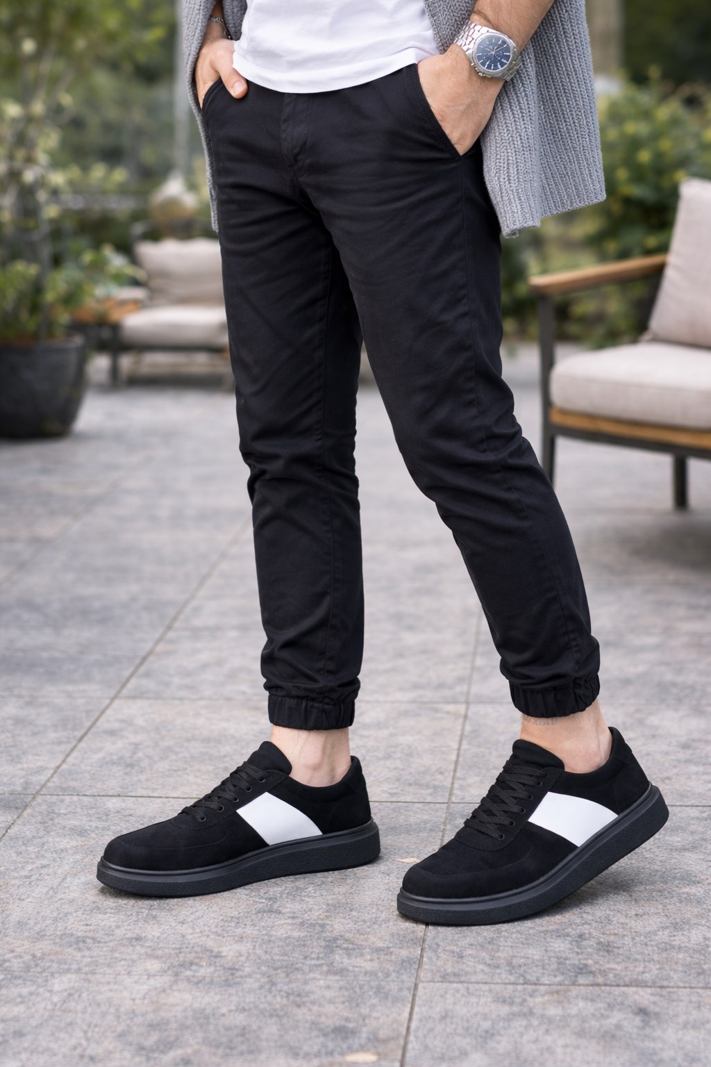 JY011 Line Erkek Günlük Bağcıklı Süet Spor Sneaker Ayakkabı SST - Siyah/Beyaz