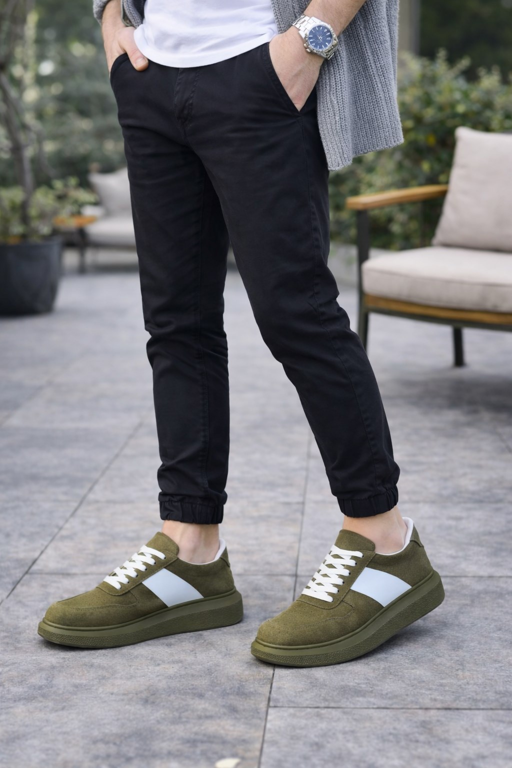 JY011 Line Erkek Günlük Bağcıklı Süet Spor Sneaker Ayakkabı SHT - Haki/Beyaz