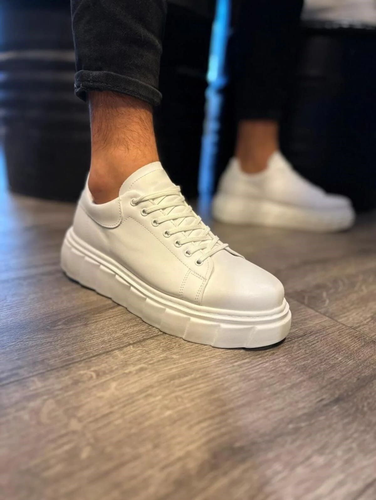 JY144 Volt Bağcıklı Cilt Erkek Günlük Sneaker Yüksek Taban Ayakkabı CBT Beyaz