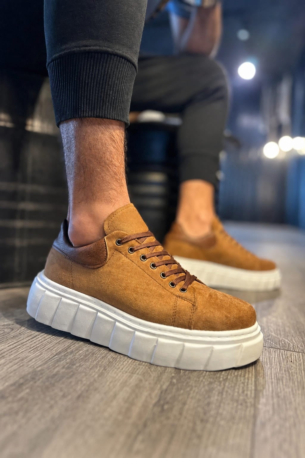 JY144 Volt Bağcıklı Süet Erkek Günlük Sneaker Yüksek Taban Ayakkabı SBT Taba