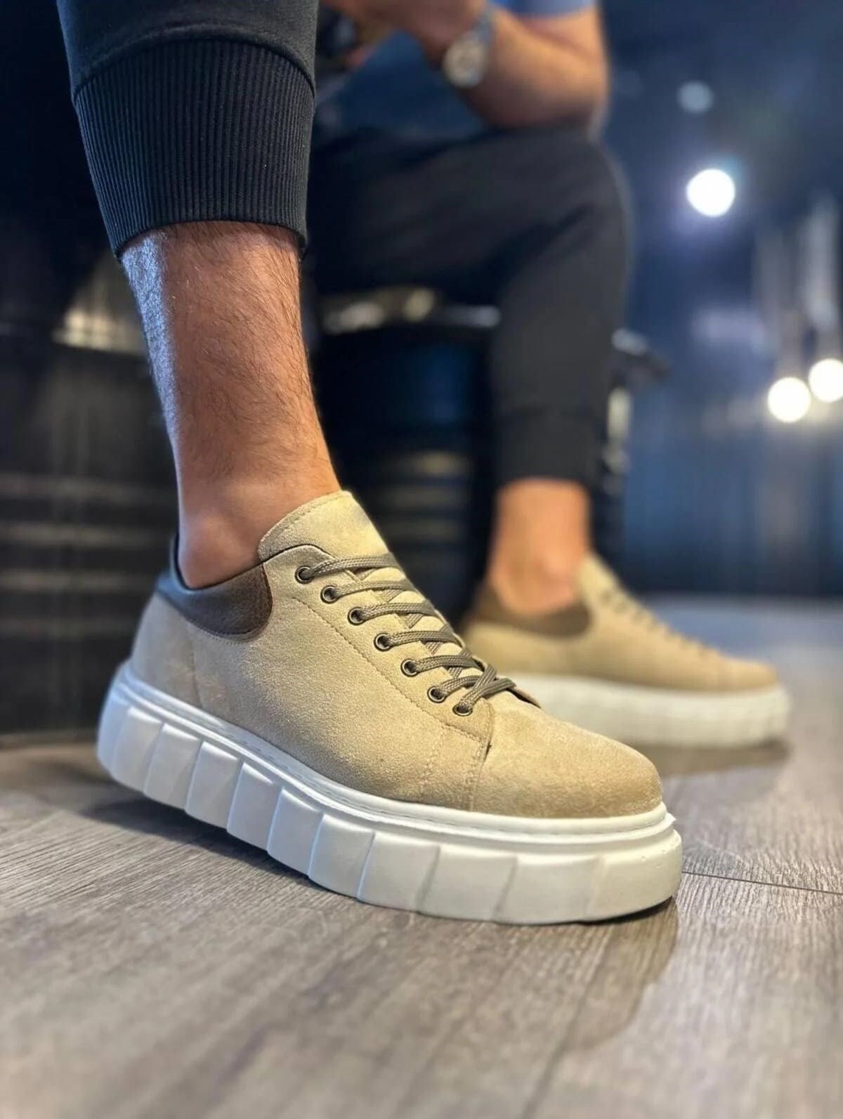 JY144 Volt Bağcıklı Süet Erkek Günlük Sneaker Yüksek Taban Ayakkabı SBT Krem