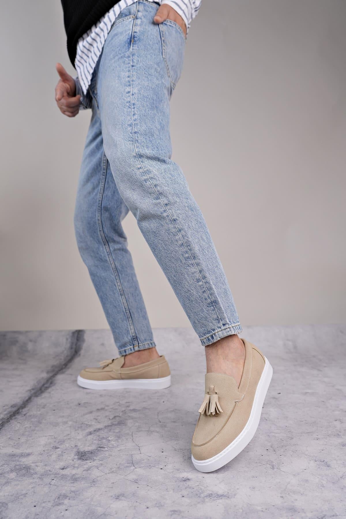 SLW153 Bloom Bağcıksız Püsküllü Süet Erkek Günlük Spor Klasik Ayakkabı BT - Krem