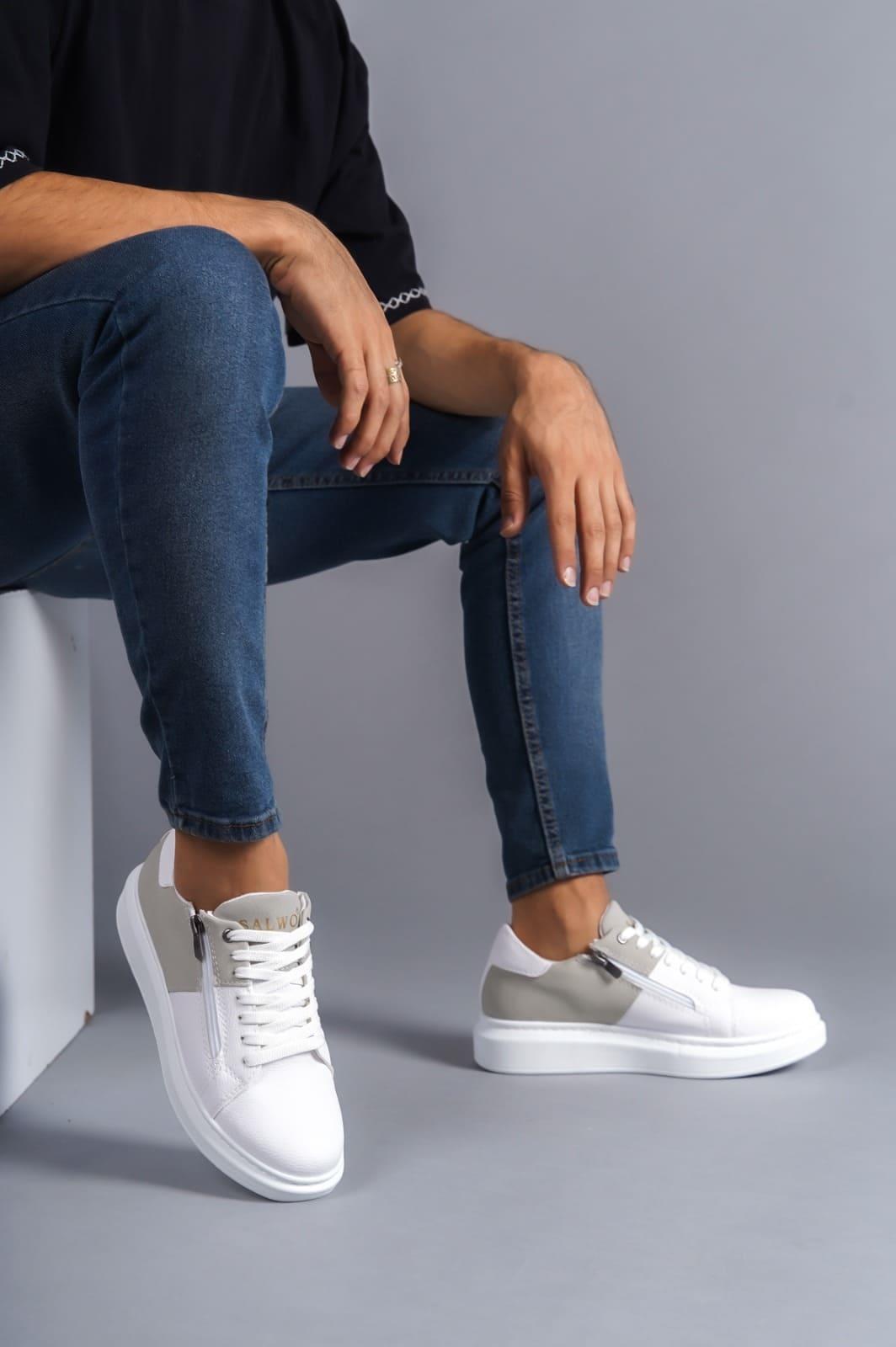 SLW155 Impact Bağcıklı ve Fermuarlı Cilt Süet Erkek Günlük Sneaker Ayakkabı BT Beyaz/Gri
