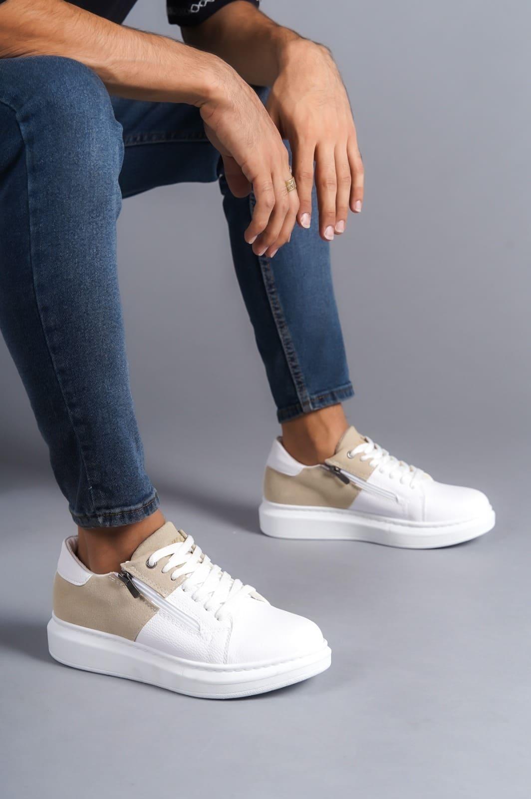 SLW155 Impact Bağcıklı ve Fermuarlı Cilt Süet Erkek Günlük Sneaker Ayakkabı BT Beyaz/Krem