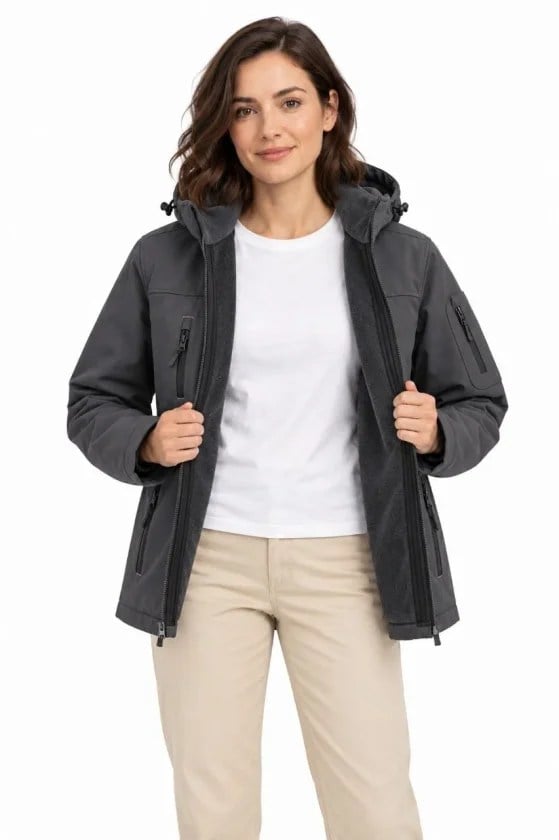 Su Geçirmez Softshell İçi Polar Astarlı Çıkarılabilir Kapüşonlu 4 Cepli Mont Ceket - Füme