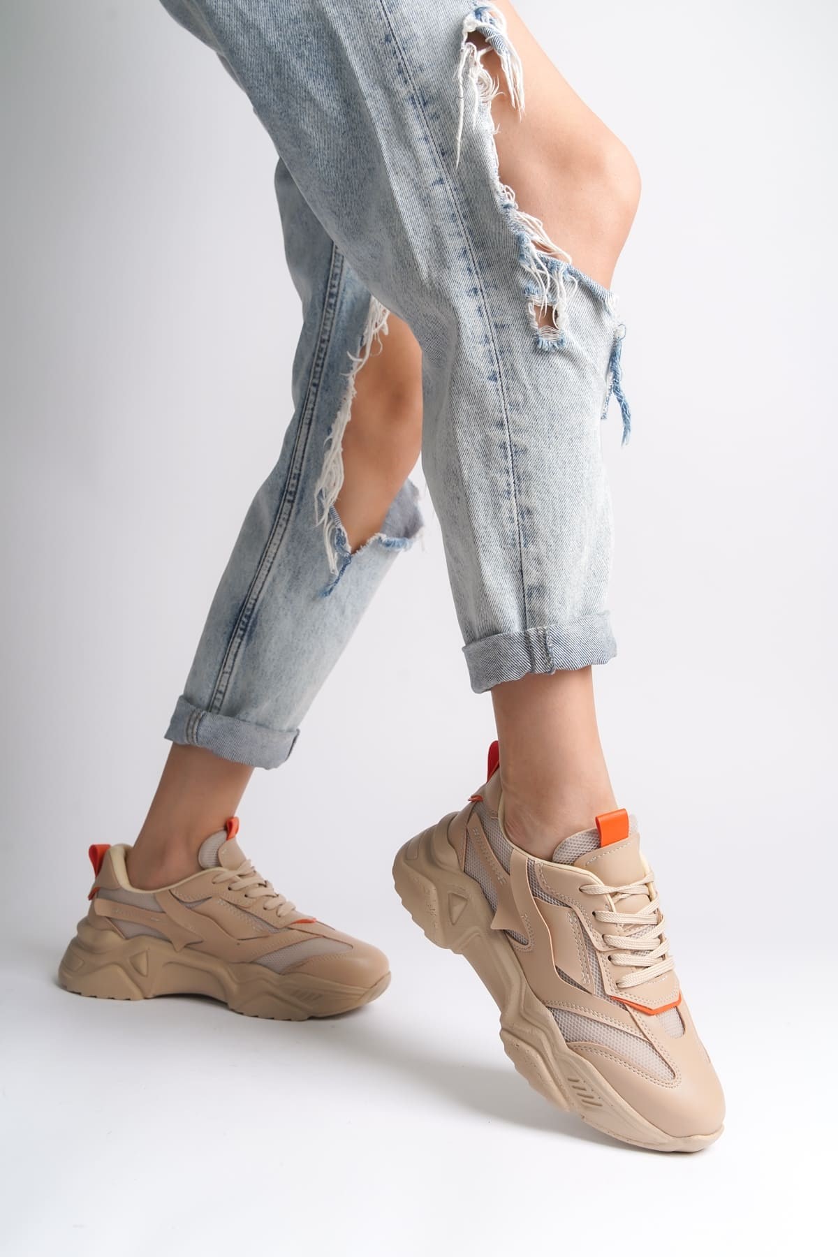 TOKYO Bağcıklı Ortopedik Taban Triko Detaylı Kadın Spor Ayakkabı  TTT - Ten/Turuncu