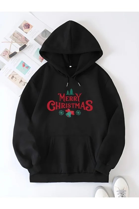 Yılbaşı Merry Christmas Baskılı Oversize Kapüşonlu Sweatshirt Hoodie - Siyah