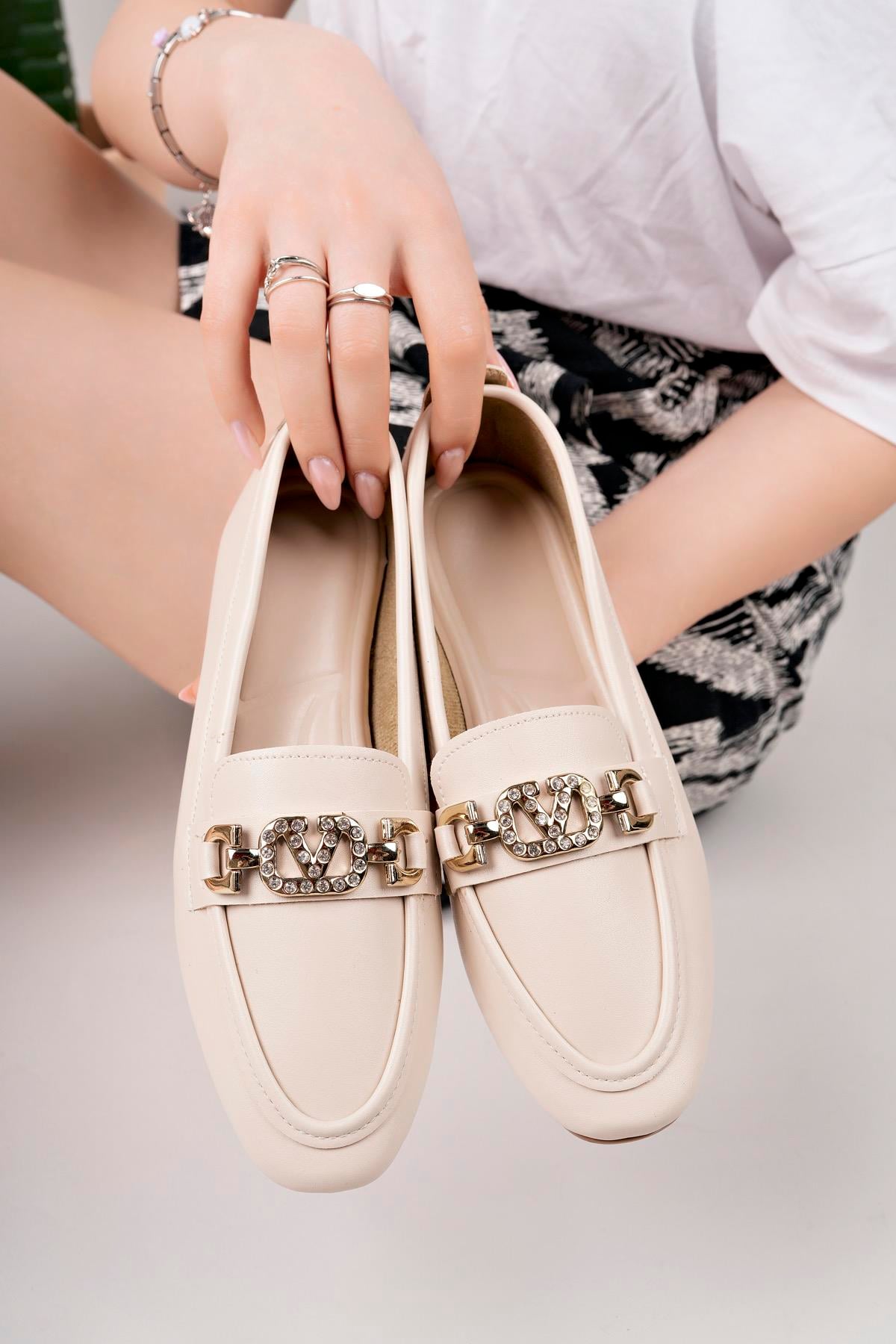 Aymood Kadın Loafer Makosen Casual Tokalı Günlük Ayakkabı Şık ve rahat E Nude Cilt